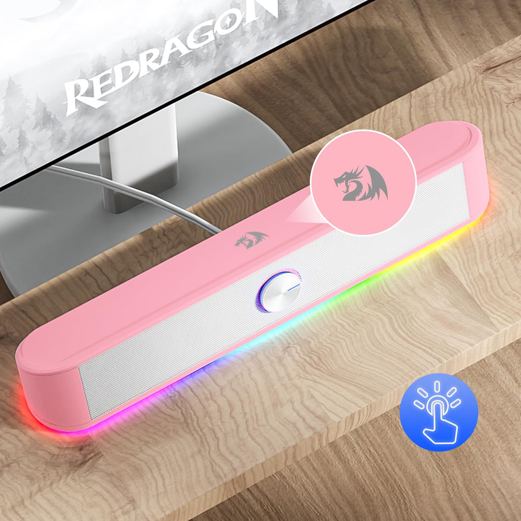 Redragon GS560 RGB Desktop Soundbar, 2.0 Channel Computer Speaker with Dynamic Lighting Bar Audio-Light Sync/Display, Touch-Control Backlit with Volume Knob, USB Powered w/ 3.5mm Cable, Black - Flex Gamingproduct_type