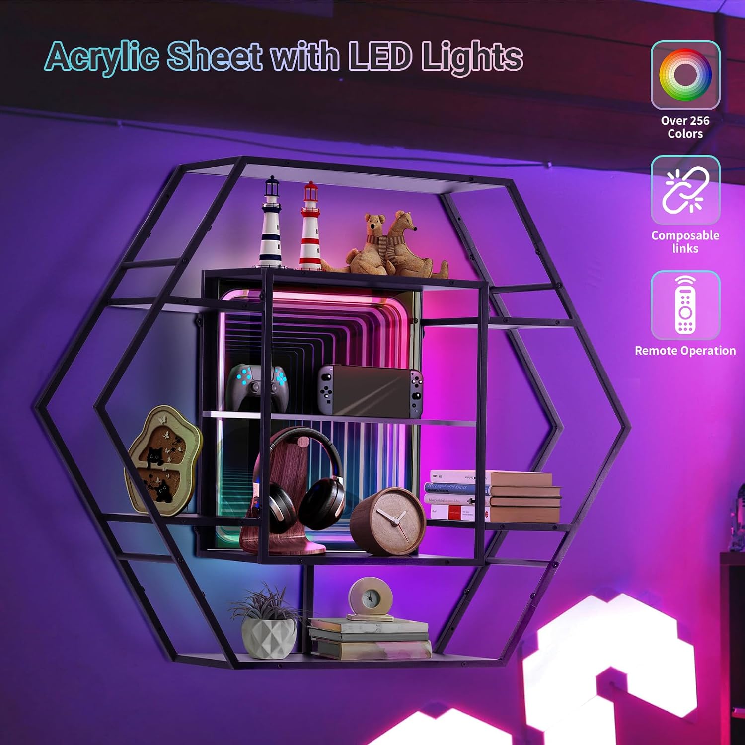 FUSLITE Infinity Mirror Gaming Floating Shelves with LED Lights, Hexagon Wall Mounted LED Shelf with RGB App Control, 36.6" Large Display Rack for Gaming Room Decor, Action Figures, Collectibles - Flex Gamingproduct_type
