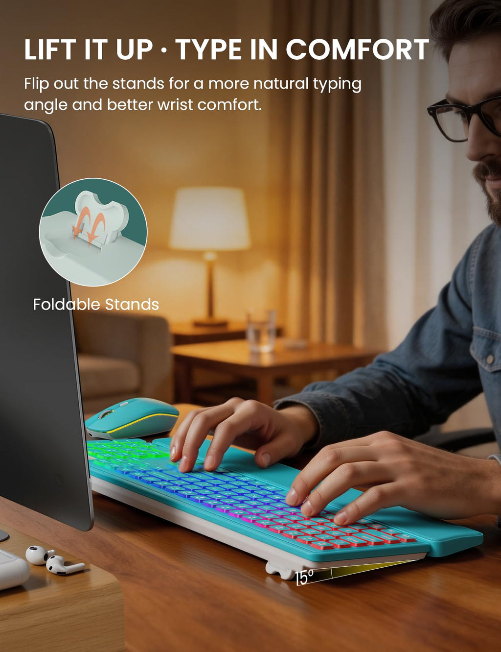 Wireless Keyboard and Mouse Combo, RGB Backlit, Rechargeable & Light Up Letters, Full-Size, Soft Typing, Sleep Mode, 2.4GHz Quiet Keyboard Set for Mac, Windows, Laptop, PC, Trueque KM42Pro (Black) - Flex Gamingproduct_type