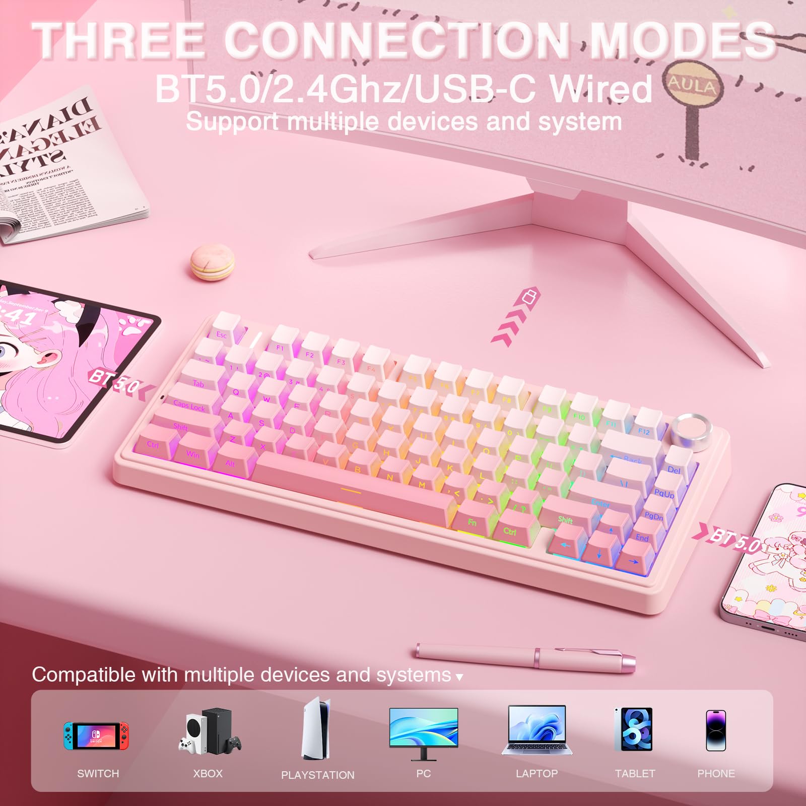 AULA F75 Pro Wireless Mechanical Keyboard,75% Hot Swappable Custom Keyboard with Knob,RGB Backlit,Pre-lubed Reaper Switches,Side Printed PBT Keycaps,2.4GHz/USB-C/BT5.0 Mechanical Gaming Keyboards - Flex Gamingproduct_type