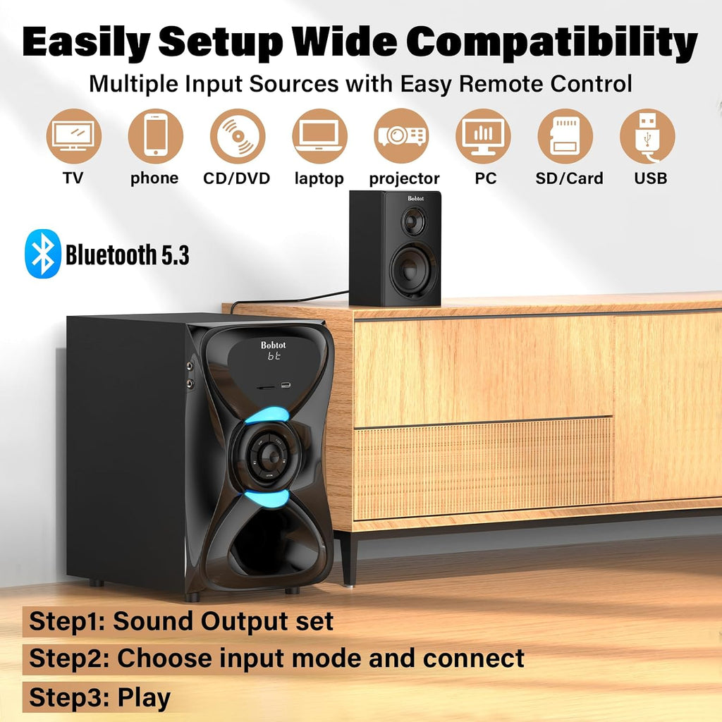 Bobtot Surround Sound Systems Wireless Rear Satellite Speakers - 1000W Peak Deep Bass 8 inch Subwoofer 5.1/2.1 Channel Home Theater System with ARC Optical Bluetooth Karaoke Input - Flex Gamingproduct_type