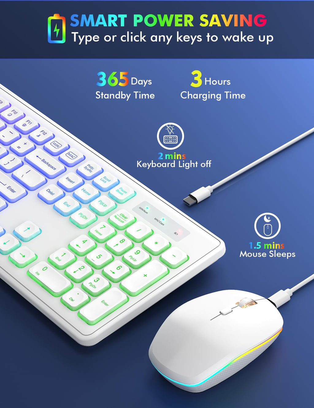 Wireless Keyboard and Mouse Combo, RGB Backlit, Rechargeable & Light Up Letters, Full-Size, Soft Typing, Sleep Mode, 2.4GHz Quiet Keyboard Set for Mac, Windows, Laptop, PC, Trueque KM42Pro (Black) - Flex Gamingproduct_type