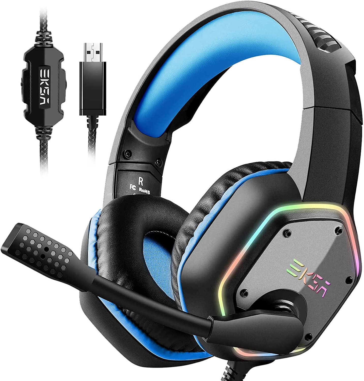 EKSA E1000 USB Gaming Headset for PC, Computer Headphones with Microphone/Mic Noise Cancelling, 7.1 Surround Sound, RGB Light - Wired Headphones for PS4, PS5 Console, Laptop, Call Center - Flex Gamingproduct_type
