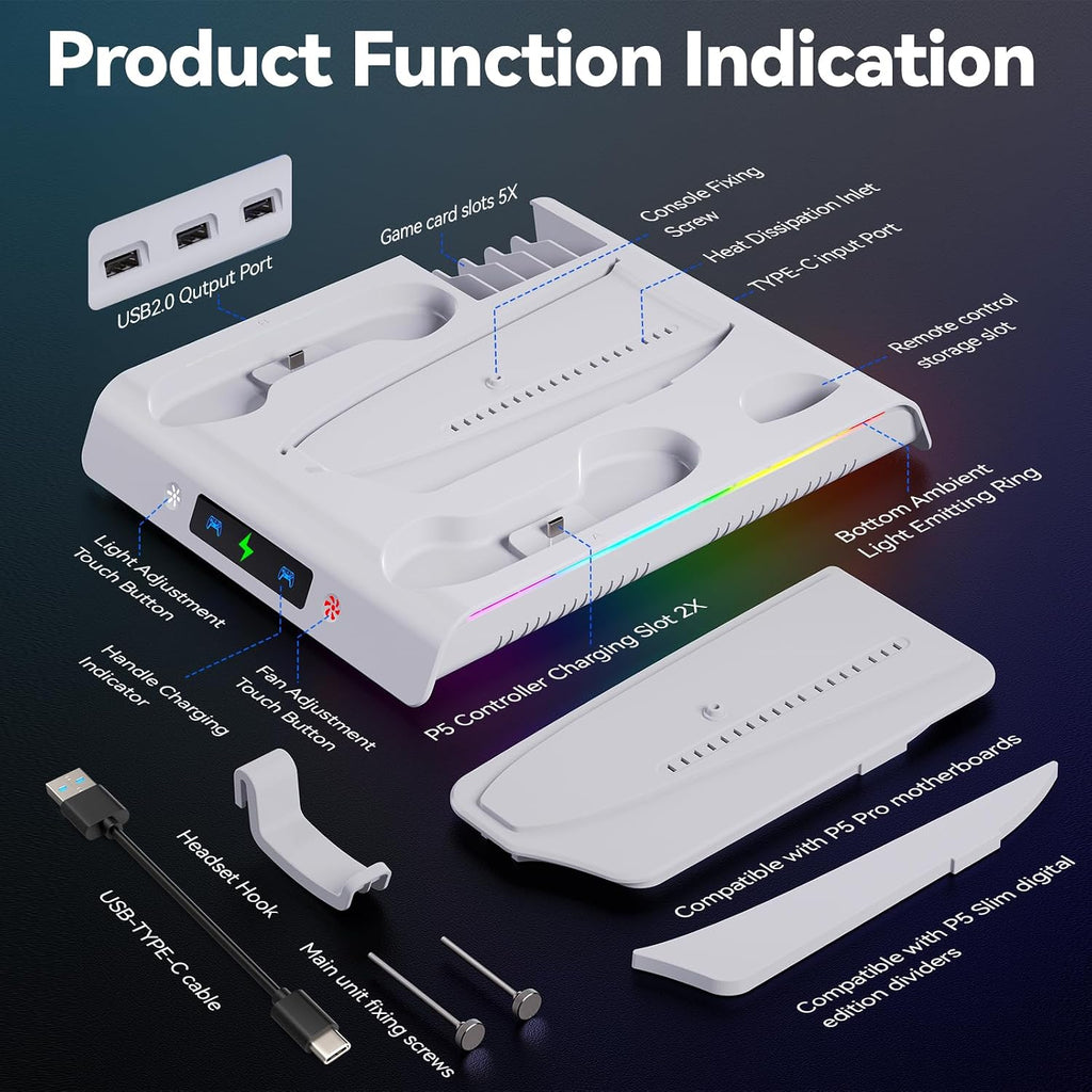 PS5 Controller Dual Charging Console Cooling Base, Cooling & Charging Station with RGB Lighting,Accessories with 3 Levels Cooling Fan, Headset Holder - Flex Gamingproduct_type