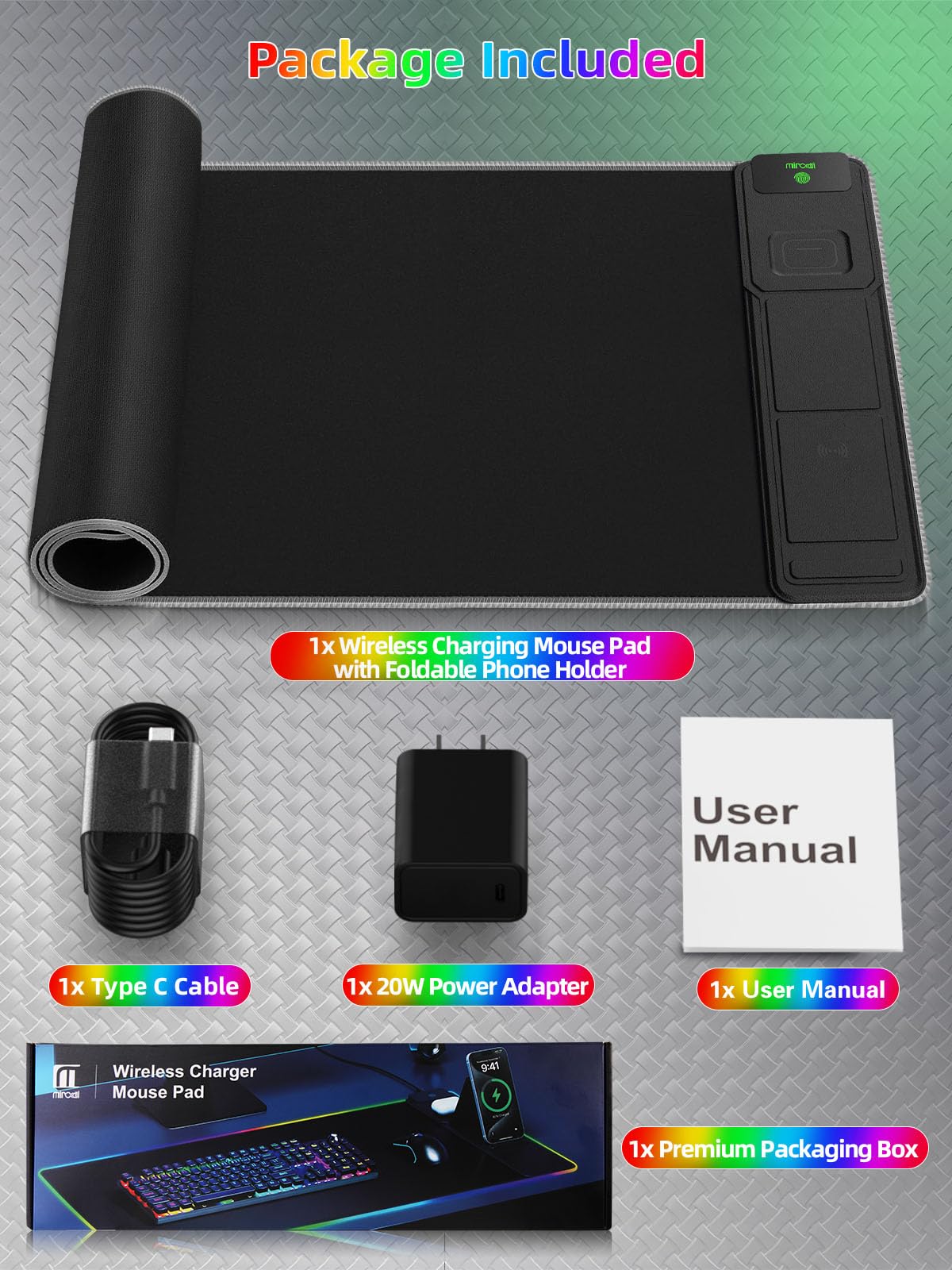 XXL Mouse Pad with Phone Holder - Black, RGB Desk Mat with 15W Fast Charging, LED Gaming Mousepad with 11 Light Colors, Waterproof Non-Slip Pad for Office & Home (Wave) - Flex Gamingproduct_type