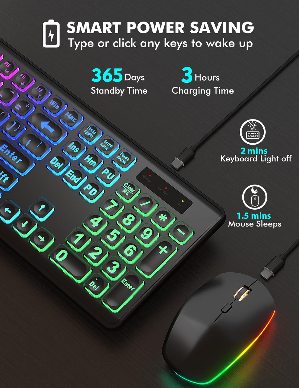 Wireless Keyboard and Mouse Combo, RGB Backlit, Rechargeable & Light Up Letters, Full-Size, Soft Typing, Sleep Mode, 2.4GHz Quiet Keyboard Set for Mac, Windows, Laptop, PC, Trueque KM42Pro (Black) - Flex Gamingproduct_type