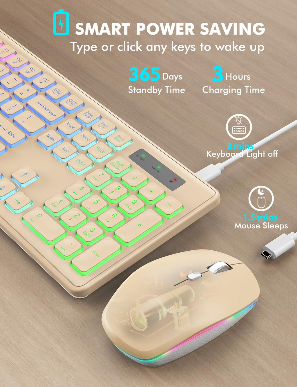 Wireless Keyboard and Mouse Combo, RGB Backlit, Rechargeable & Light Up Letters, Full-Size, Soft Typing, Sleep Mode, 2.4GHz Quiet Keyboard Set for Mac, Windows, Laptop, PC, Trueque KM42Pro (Black) - Flex Gamingproduct_type