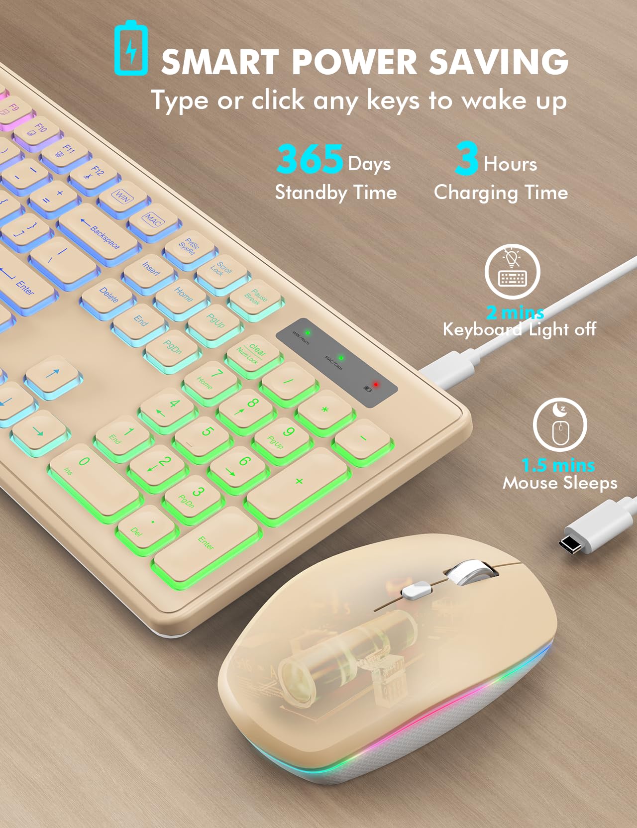 Wireless Keyboard and Mouse Combo, RGB Backlit, Rechargeable & Light Up Letters, Full-Size, Soft Typing, Sleep Mode, 2.4GHz Quiet Keyboard Set for Mac, Windows, Laptop, PC, Trueque KM42Pro (Black) - Flex Gamingproduct_type