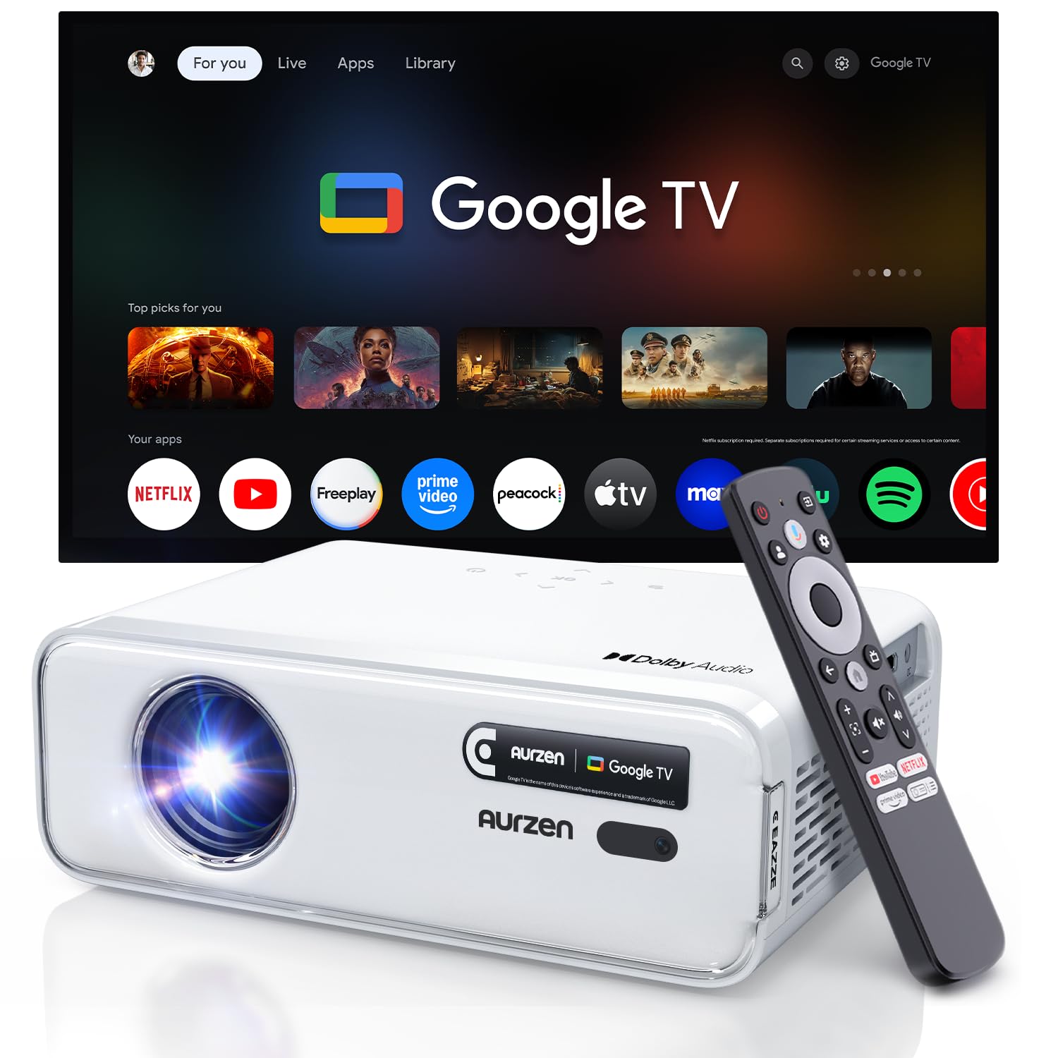 Aurzen Roku TV Smart Projector with Wifi and Bluetooth, Roku TV Built-in, 1080P FHD, DoIby Audio, Auto Focus & Keystone, Zoom, Movie Portable Outdoor Mini Projector for Soccer Football Game, White - Flex Gamingproduct_type