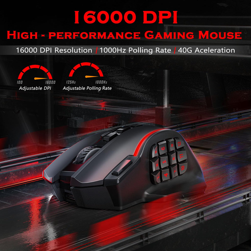 Redragon Gaming Mouse, MMO Mouse Gaming UP 12400 DPI, 19 Macro Programmable Buttons, RGB Mouse with 12 Side Buttons, 8 * 2.4g Weight Tuning for PC Laptop MOBA FPS, M901K, Black - Flex Gamingproduct_type