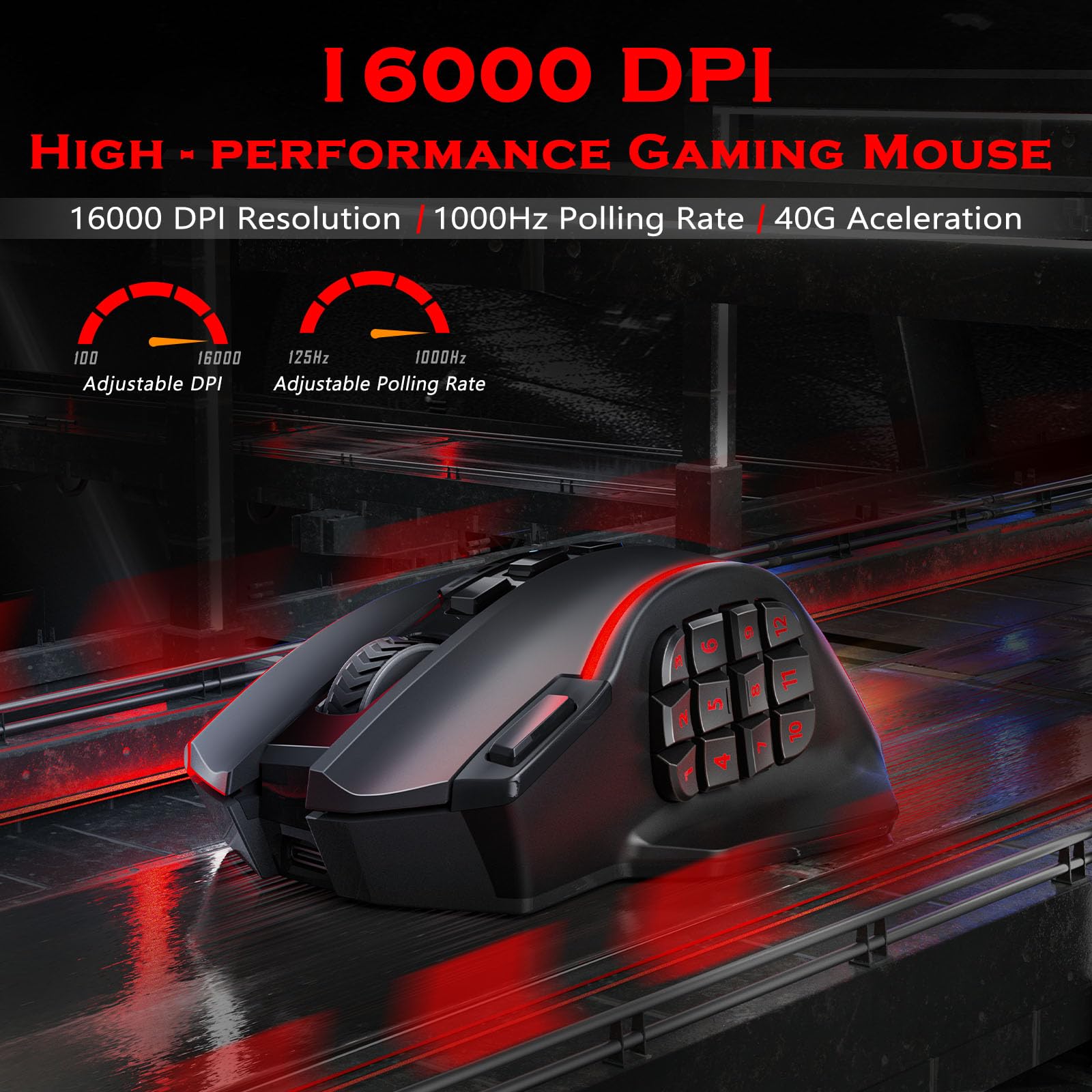 Redragon Gaming Mouse, MMO Mouse Gaming UP 12400 DPI, 19 Macro Programmable Buttons, RGB Mouse with 12 Side Buttons, 8 * 2.4g Weight Tuning for PC Laptop MOBA FPS, M901K, Black - Flex Gamingproduct_type