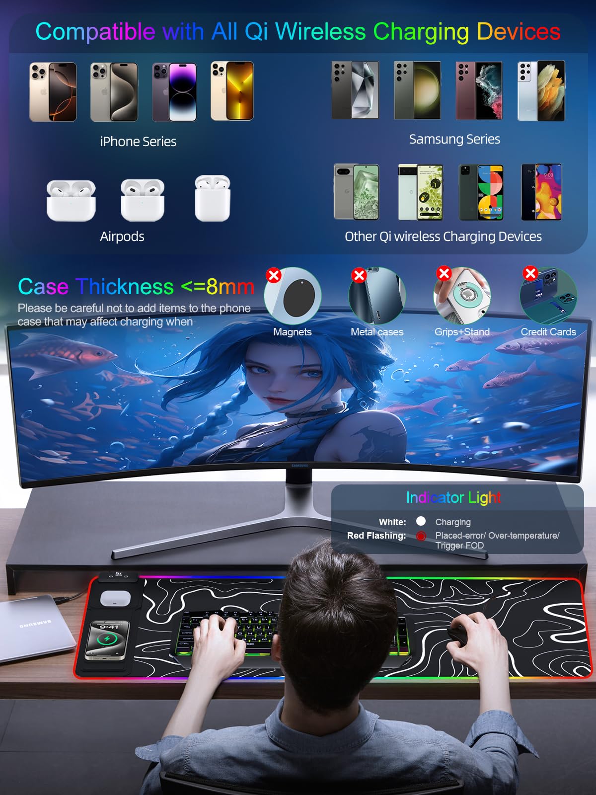 XXL Mouse Pad with Phone Holder - Black, RGB Desk Mat with 15W Fast Charging, LED Gaming Mousepad with 11 Light Colors, Waterproof Non-Slip Pad for Office & Home (Wave) - Flex Gamingproduct_type