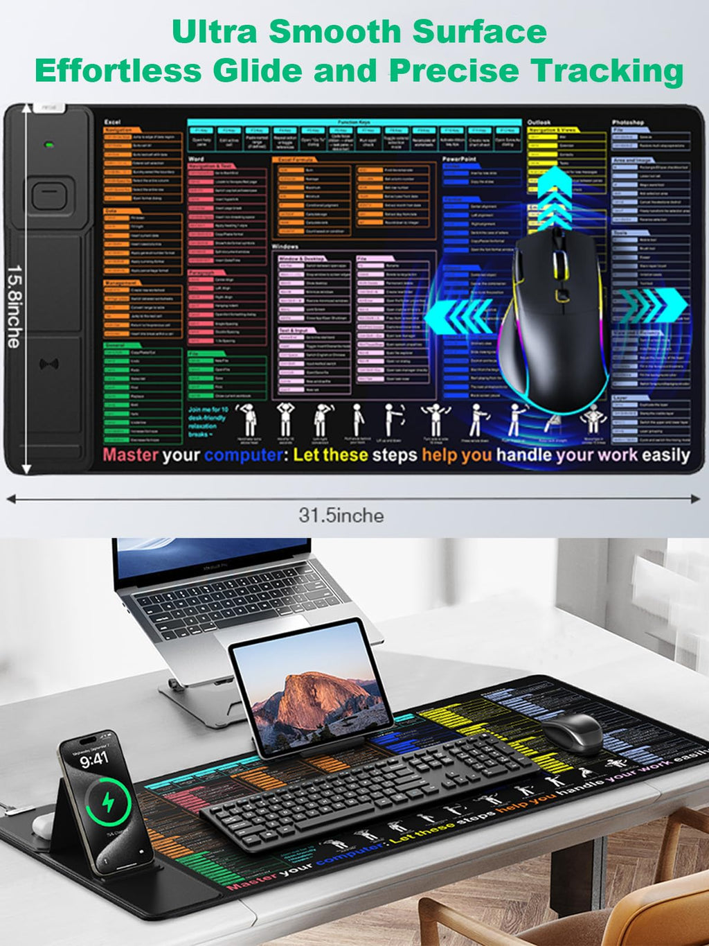 XXL Mouse Pad with Phone Holder - Black, RGB Desk Mat with 15W Fast Charging, LED Gaming Mousepad with 11 Light Colors, Waterproof Non-Slip Pad for Office & Home (Wave) - Flex Gamingproduct_type