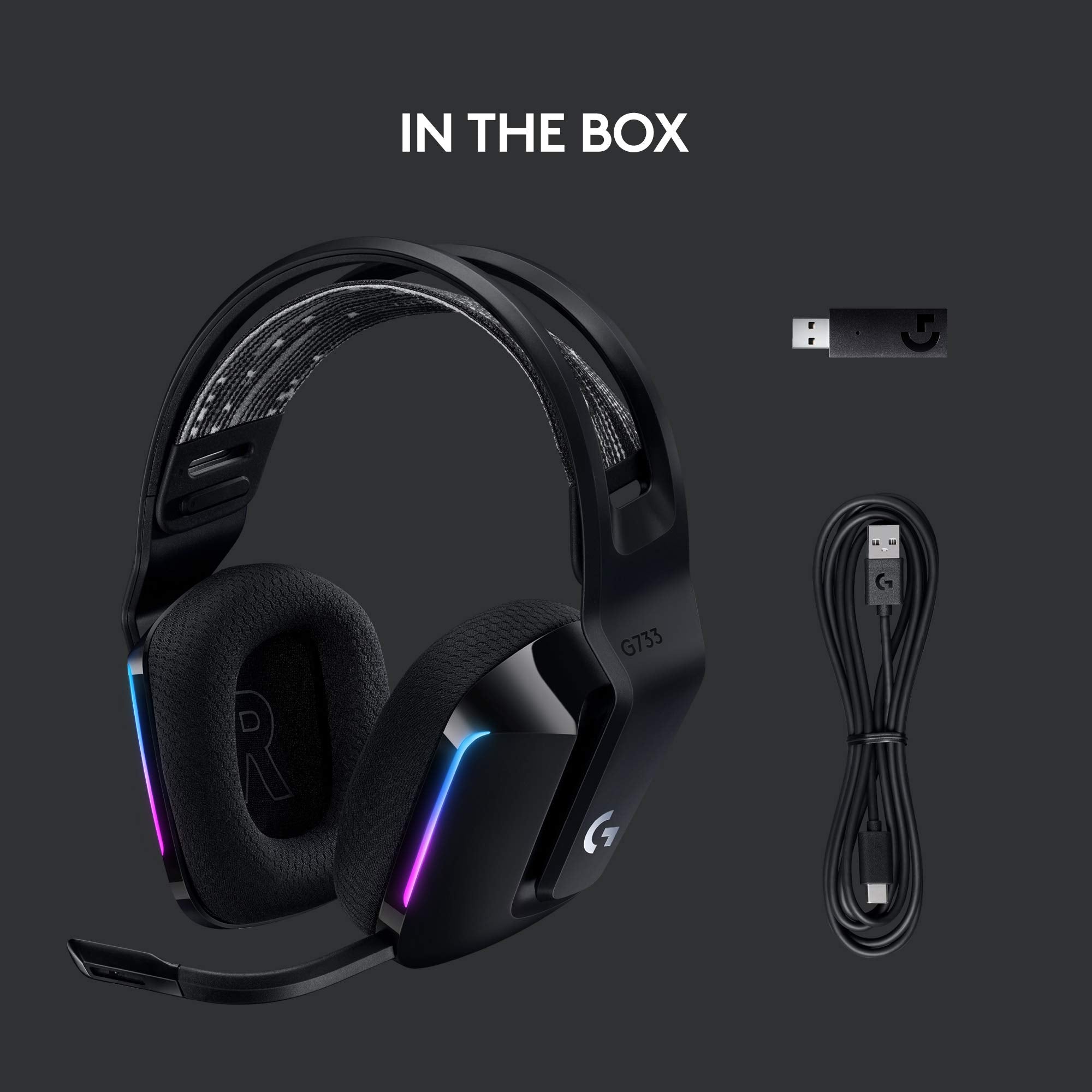 Logitech G733 Lightspeed Wireless Gaming Headset, Suspension Headband, Lightsync RGB, Blue VO!CE Mic, PRO-G Audio – Black, Gaming Headset Wireless, PC, PS5, PS4, Switch Compatible - Flex Gamingproduct_type