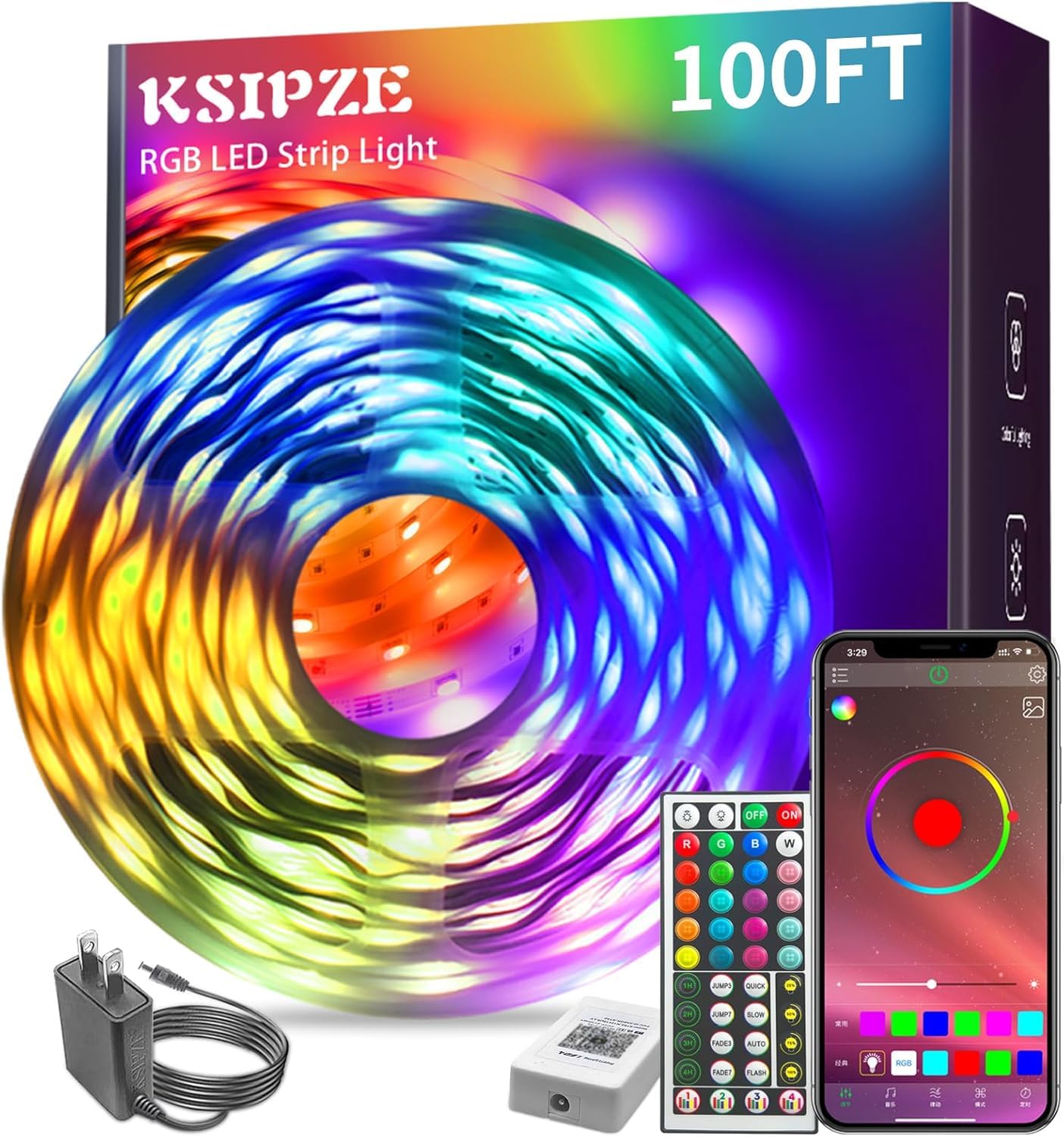 KSIPZE 100ft Led Strip Lights RGB Music Sync Color Changing Led Lights with Smart App Control Remote Led Lights for Bedroom Room Lighting Flexible Home Décor - Flex Gamingproduct_type