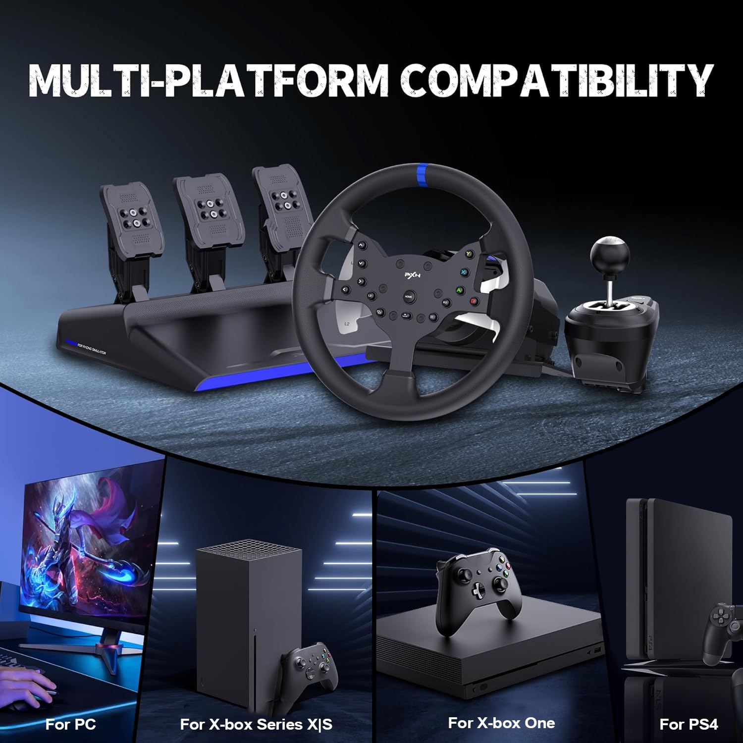 PXN V99 3.2Nm Force Feedback Gaming Steering Wheel | 270-900 Degree, 11.8-inch, Hall 3-Pedal, H Shifter - Sim Racing Wheel for PC, PS4, Xbox One, Xbox Series X|S - Flex Gamingproduct_type