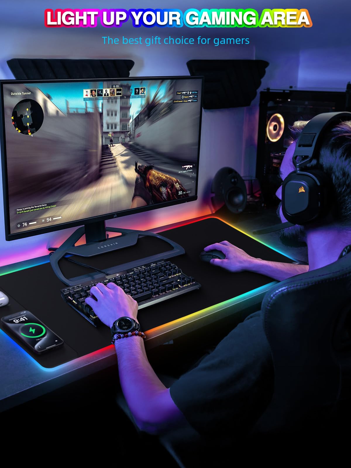 XXL Mouse Pad with Phone Holder - Black, RGB Desk Mat with 15W Fast Charging, LED Gaming Mousepad with 11 Light Colors, Waterproof Non-Slip Pad for Office & Home (Wave) - Flex Gamingproduct_type