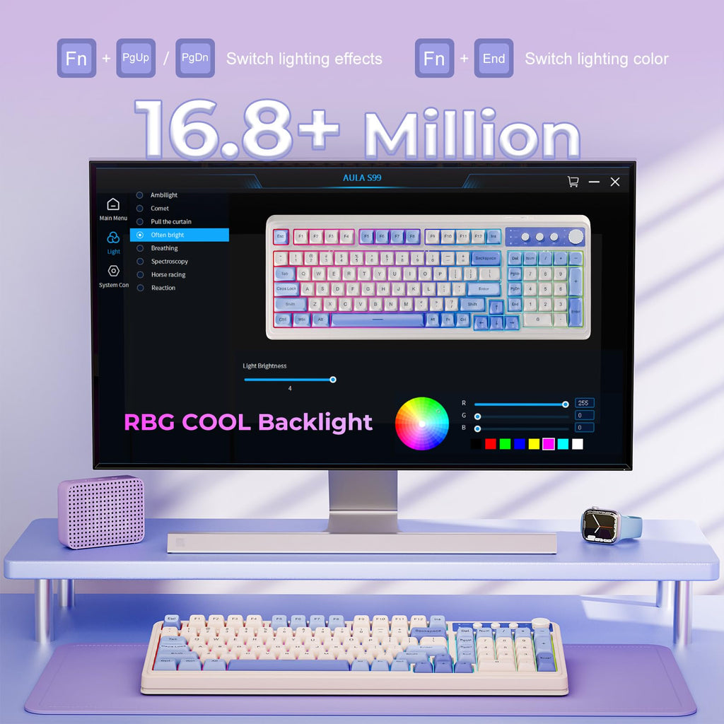 AULA 99 Key Keyboard, Wireless Gaming Keyboard Bluetooth Computer Keyboards Creamy Cute with Number Pad RGB Backlit Tri-Mode BT/2.4GHz/USB-C - Pink - Flex Gamingproduct_type