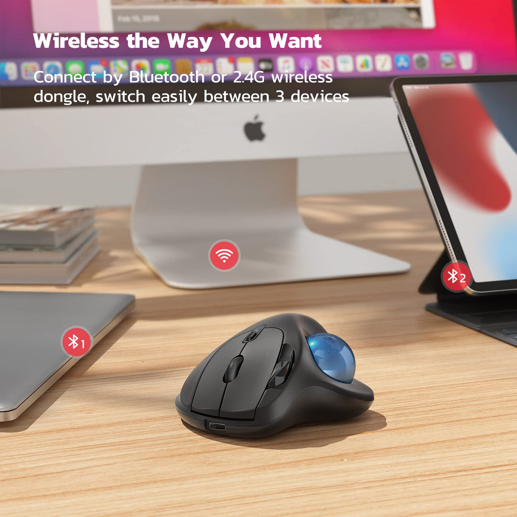 Nulea M501 Wireless Trackball Mouse, Rechargeable Ergonomic, Easy Thumb Control, Precise & Smooth Tracking, 3 Device Connection (Bluetooth or USB Receiver), Compatible for PC, Laptop, Mac, Windows. - Flex Gamingproduct_type