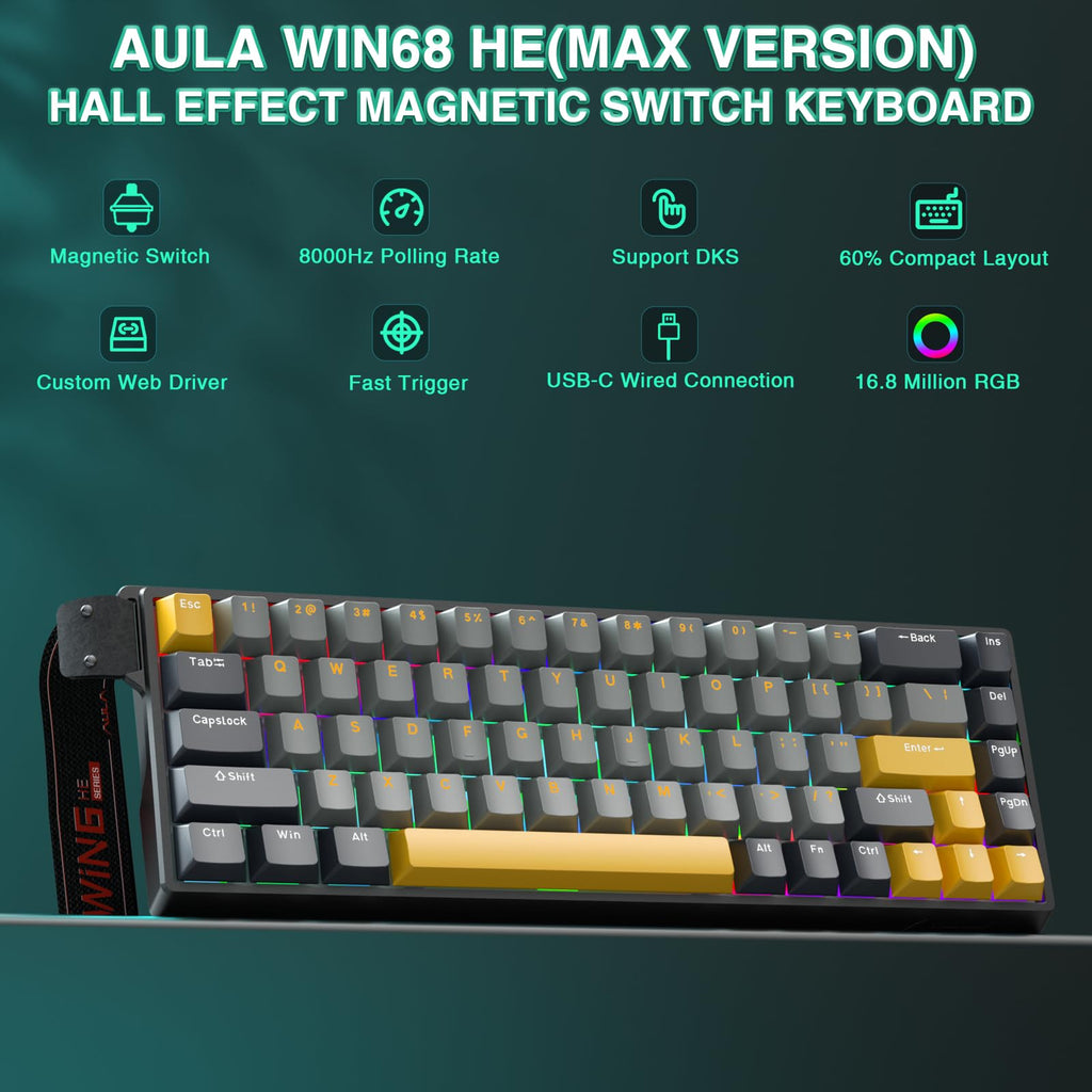AULA WIN68 HE Mechanical Gaming Keyboard 60%, Hall Effect Magnetic Switch, Fast Trigger Mode Adjustable Actuation, 8000Hz Polling Rate, RGB Backlit, Wired Black Keyboard for Laptop/PC Gamer - Flex Gamingproduct_type