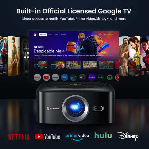 1500 ANSI Official Licensed Google TV Smart Projector, HAPPRUN 4K Full HD Home Theater with Auto Focus, Dolby Sound, Wi-Fi Bluetooth, Built-in Apps, Compatible with Phone & PC, Indoor & Outdoor Use - Flex Gamingproduct_type