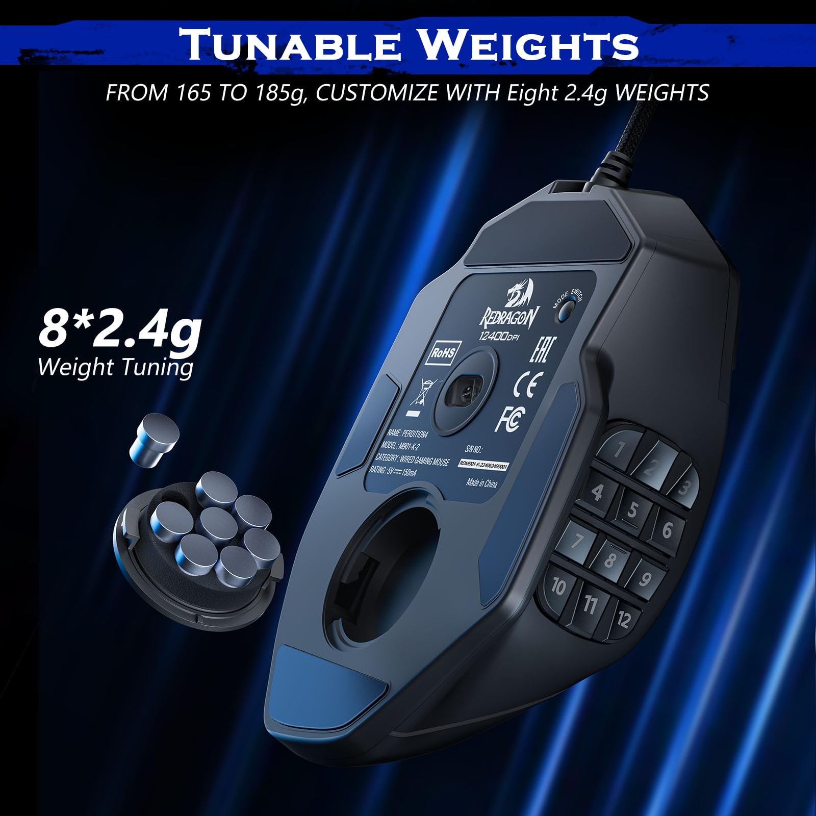 Redragon Gaming Mouse, MMO Mouse Gaming UP 12400 DPI, 19 Macro Programmable Buttons, RGB Mouse with 12 Side Buttons, 8 * 2.4g Weight Tuning for PC Laptop MOBA FPS, M901K, Black - Flex Gamingproduct_type