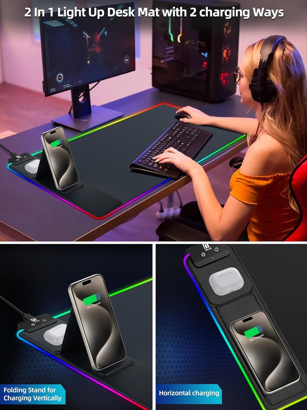 XXL Mouse Pad with Phone Holder - Black, RGB Desk Mat with 15W Fast Charging, LED Gaming Mousepad with 11 Light Colors, Waterproof Non-Slip Pad for Office & Home (Wave) - Flex Gamingproduct_type