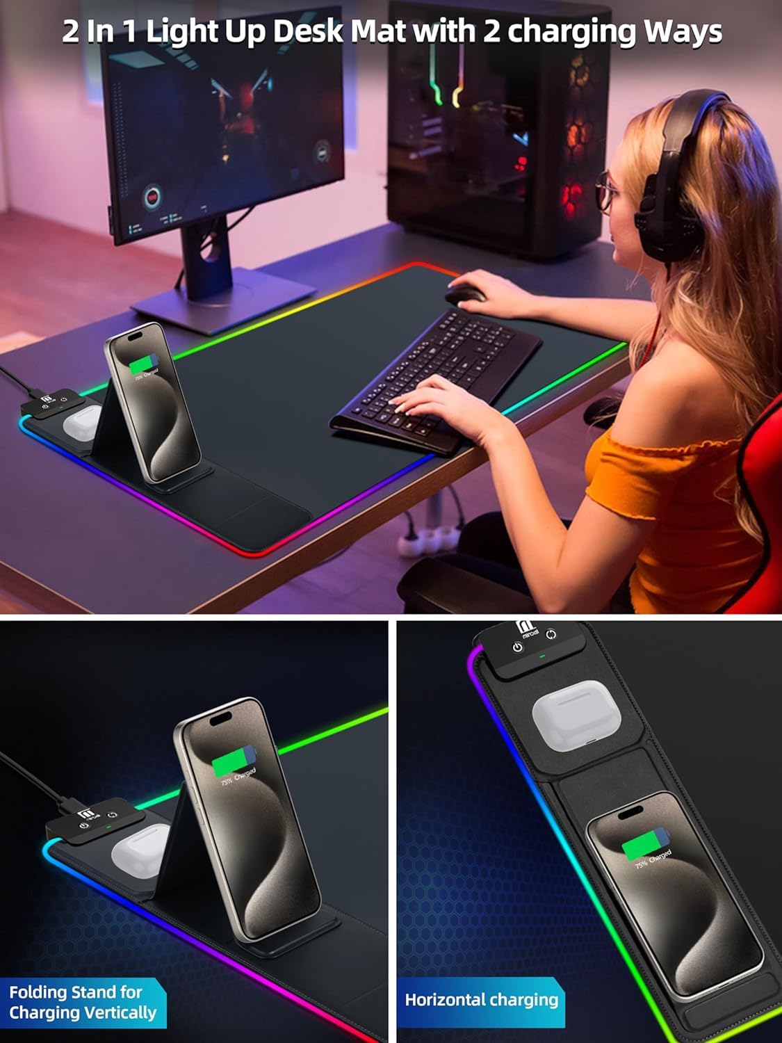 XXL Mouse Pad with Phone Holder - Black, RGB Desk Mat with 15W Fast Charging, LED Gaming Mousepad with 11 Light Colors, Waterproof Non-Slip Pad for Office & Home (Wave) - Flex Gamingproduct_type