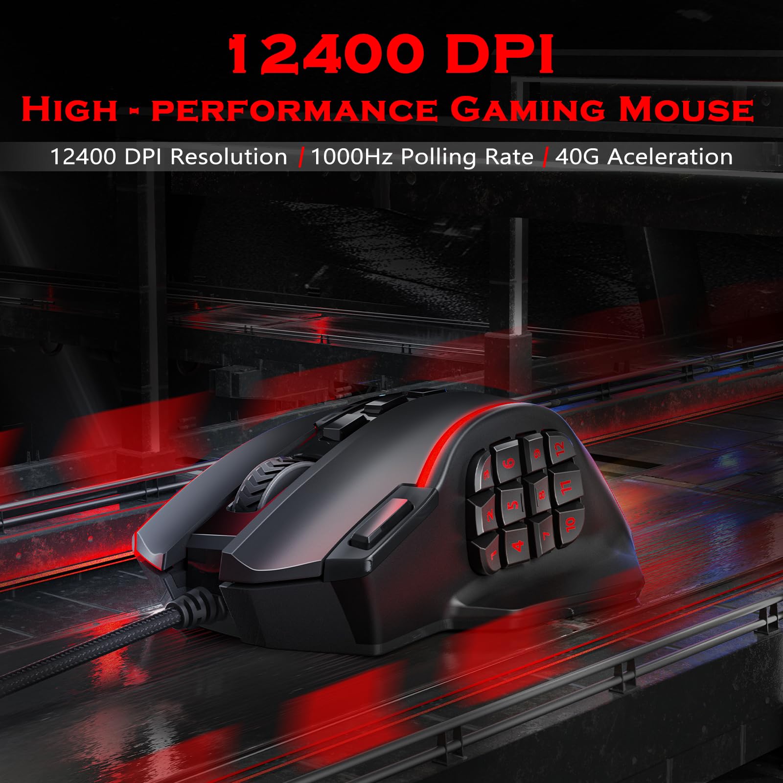 Redragon Gaming Mouse, MMO Mouse Gaming UP 12400 DPI, 19 Macro Programmable Buttons, RGB Mouse with 12 Side Buttons, 8 * 2.4g Weight Tuning for PC Laptop MOBA FPS, M901K, Black - Flex Gamingproduct_type