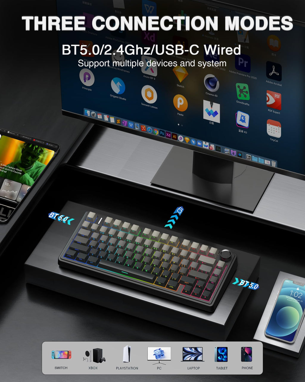 AULA F75 Pro Wireless Mechanical Keyboard,75% Hot Swappable Custom Keyboard with Knob,RGB Backlit,Pre-lubed Reaper Switches,Side Printed PBT Keycaps,2.4GHz/USB-C/BT5.0 Mechanical Gaming Keyboards - Flex Gamingproduct_type