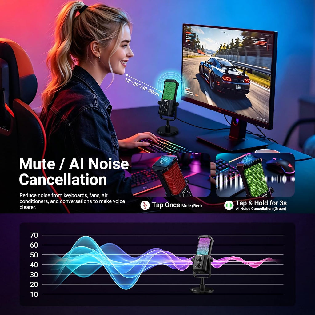 NEEWER UM01 AI Noise Canceling USB Microphone, Plug & Play Cardioid RGB Condenser Mic Mute/Music Sync/App Control for Android Windows PC Mac PS4/5 Gaming Recording Streaming Podcasting Studio Computer - Flex Gamingproduct_type