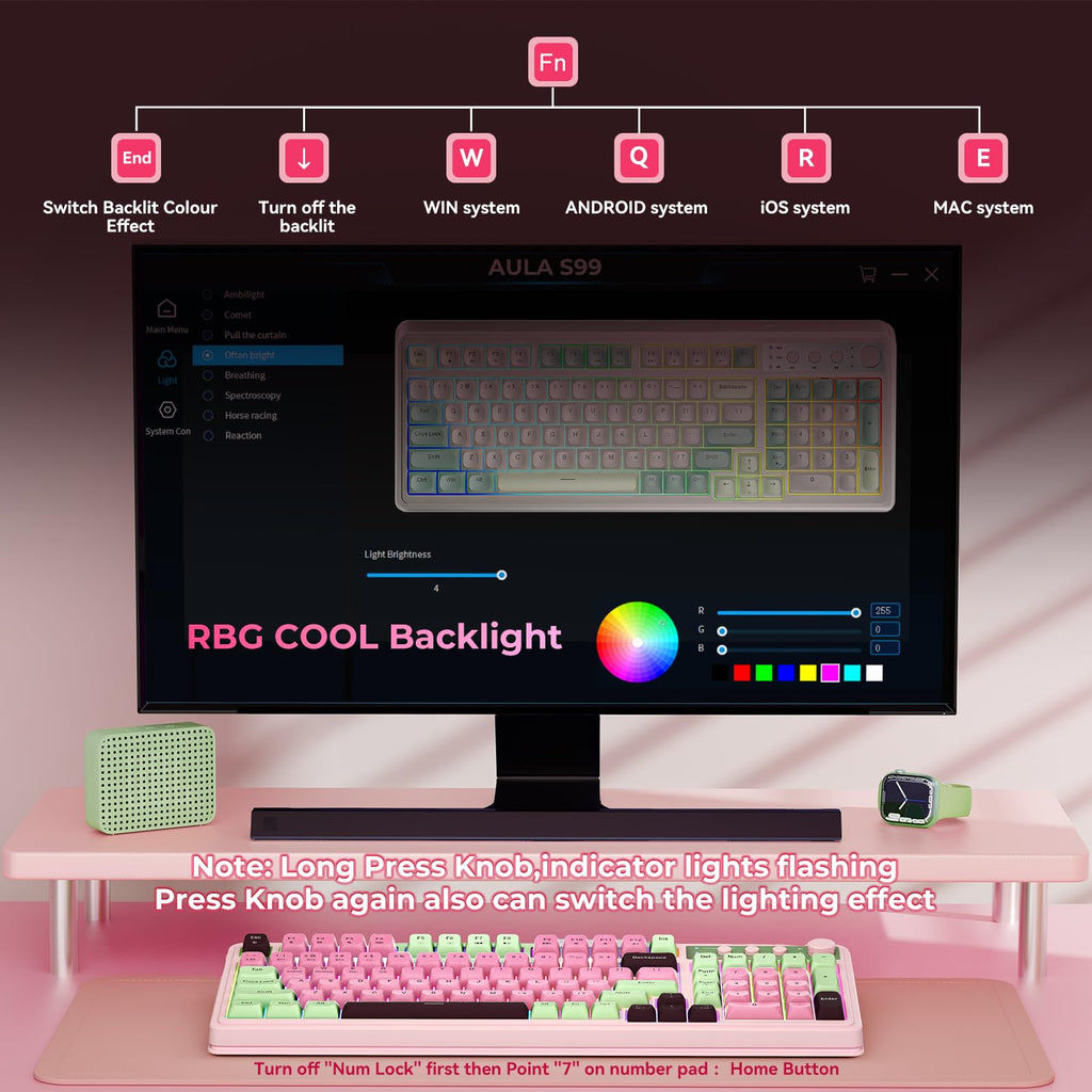 AULA 99 Key Keyboard, Wireless Gaming Keyboard Bluetooth Computer Keyboards Creamy Cute with Number Pad RGB Backlit Tri-Mode BT/2.4GHz/USB-C - Pink - Flex Gamingproduct_type