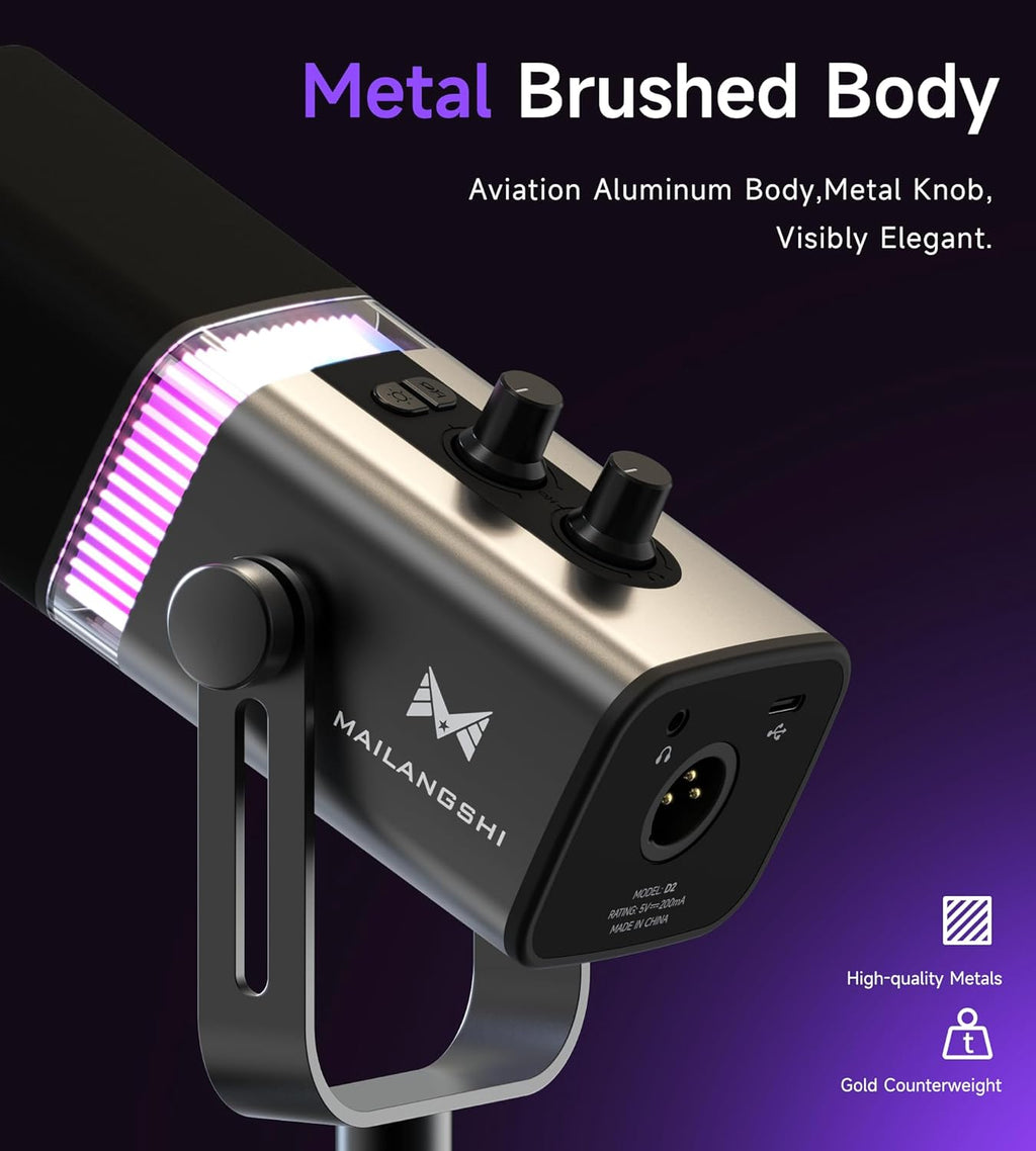 MAILANGSHI 192KHz/32bit Dynamic Podcast Microphone for PC, USB & XLR Mic with RGB Lighting, Desktop Stand, Mute Button, All-Metal Body, Gain & Volume Control, Gaming Microphone for Livestreaming - Flex Gamingproduct_type