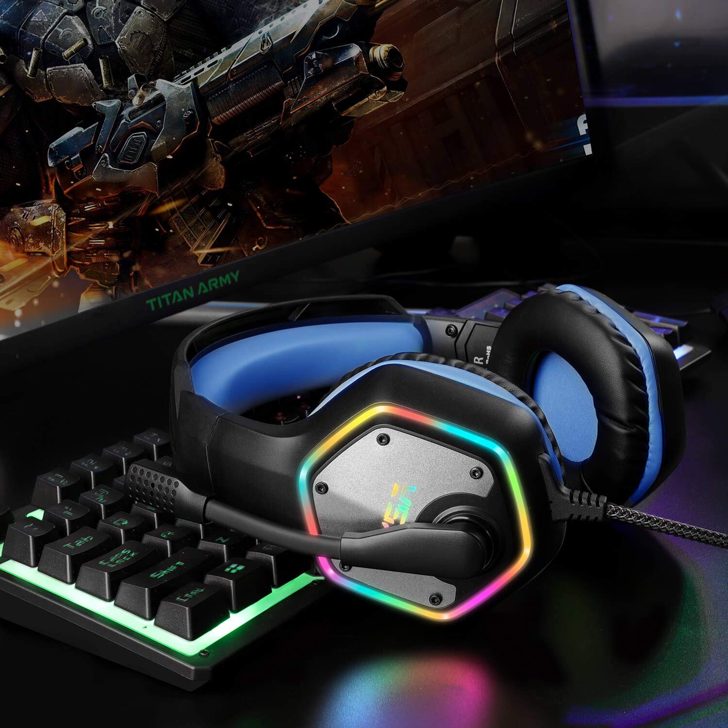 EKSA E1000 USB Gaming Headset for PC, Computer Headphones with Microphone/Mic Noise Cancelling, 7.1 Surround Sound, RGB Light - Wired Headphones for PS4, PS5 Console, Laptop, Call Center - Flex Gamingproduct_type