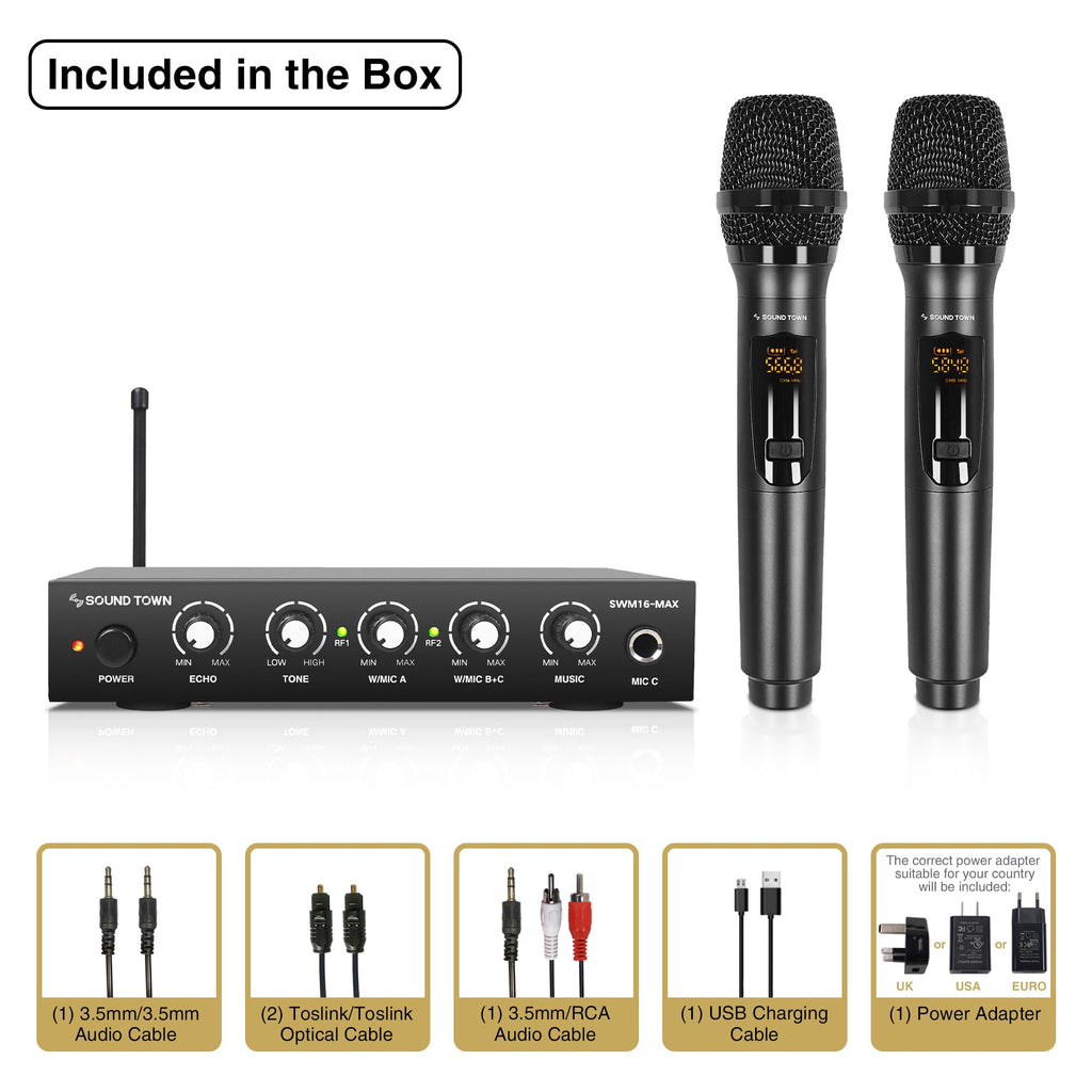 Sound Town Wireless Microphone Karaoke Mixer System with HD Audio Return Channel, Optical (Toslink), AUX, Supports Smart TV, Media Box, PC, Bluetooth, Soundbar, Receiver (SWM16-MAX) - Flex Gamingproduct_type