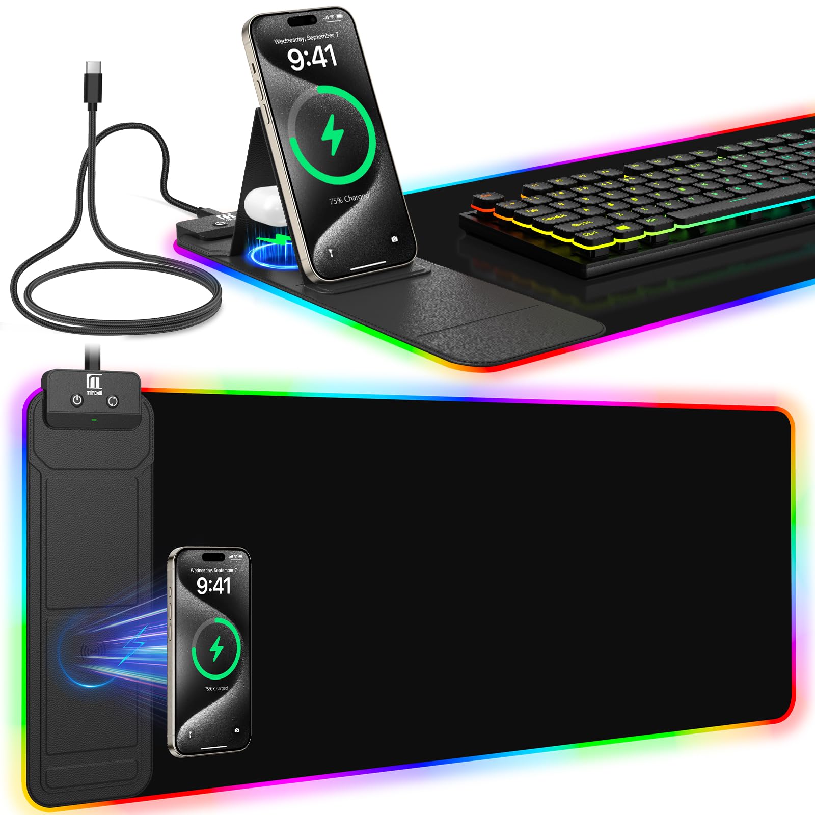 XXL Mouse Pad with Phone Holder - Black, RGB Desk Mat with 15W Fast Charging, LED Gaming Mousepad with 11 Light Colors, Waterproof Non-Slip Pad for Office & Home (Wave) - Flex Gamingproduct_type