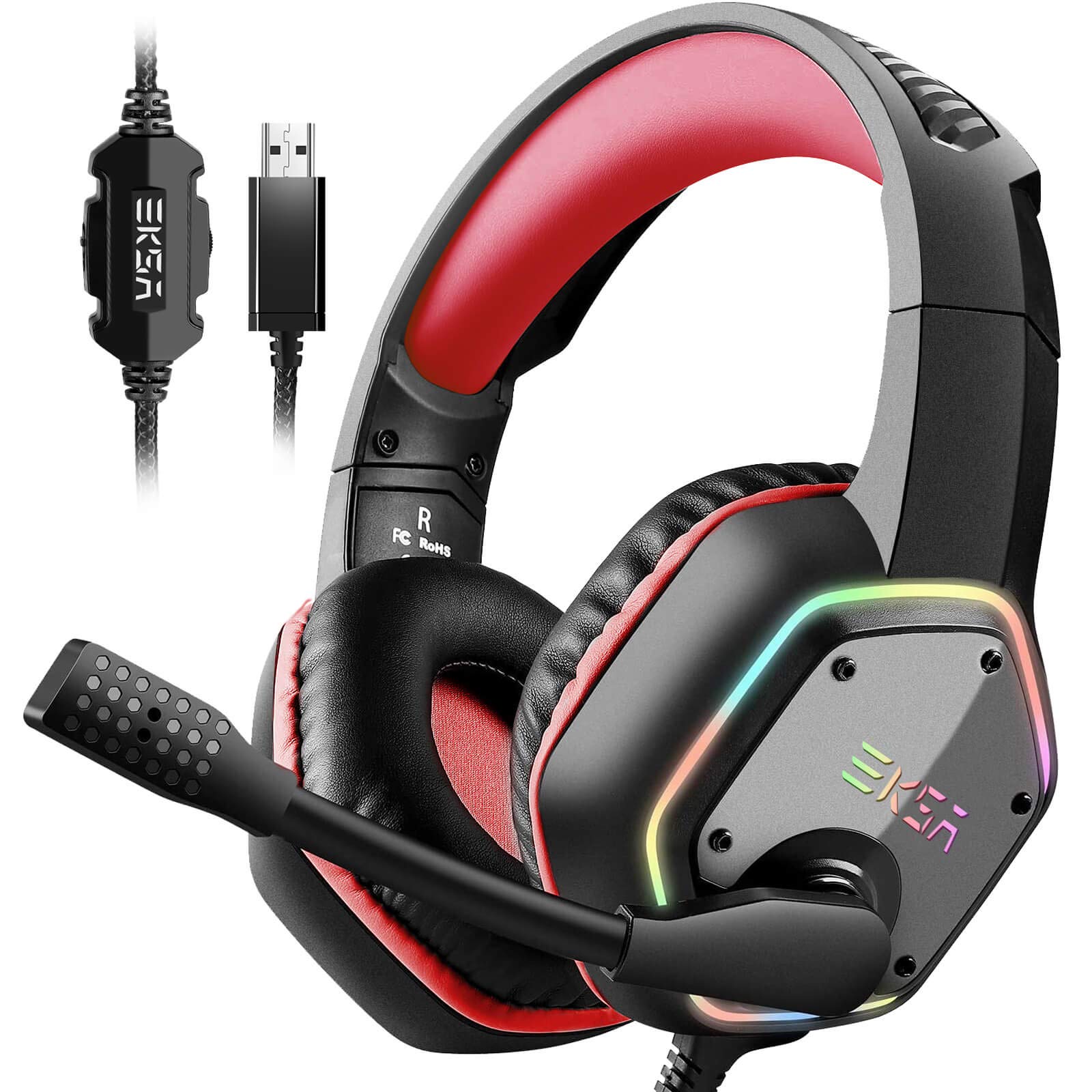 EKSA E1000 USB Gaming Headset for PC, Computer Headphones with Microphone/Mic Noise Cancelling, 7.1 Surround Sound, RGB Light - Wired Headphones for PS4, PS5 Console, Laptop, Call Center - Flex Gamingproduct_type