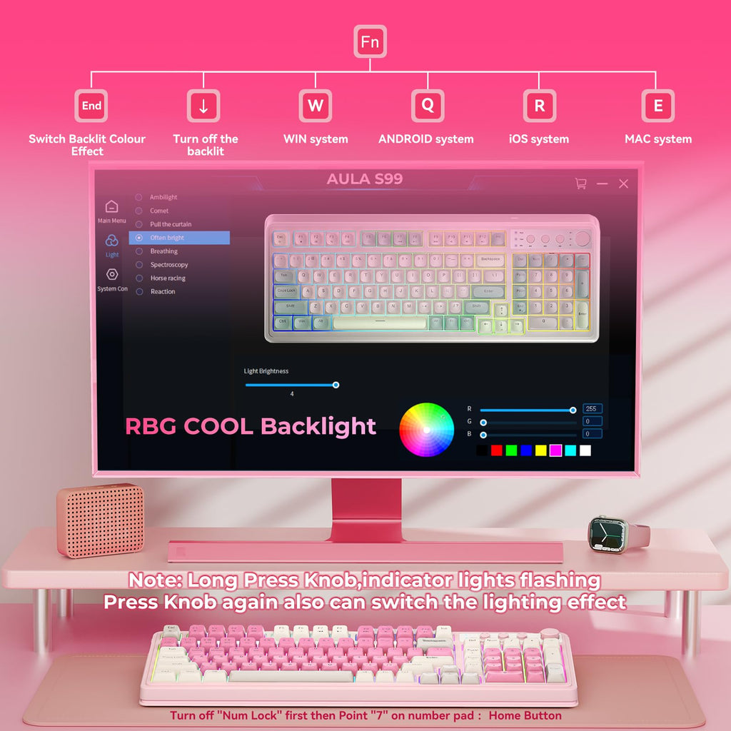 AULA 99 Key Keyboard, Wireless Gaming Keyboard Bluetooth Computer Keyboards Creamy Cute with Number Pad RGB Backlit Tri-Mode BT/2.4GHz/USB-C - Pink - Flex Gamingproduct_type