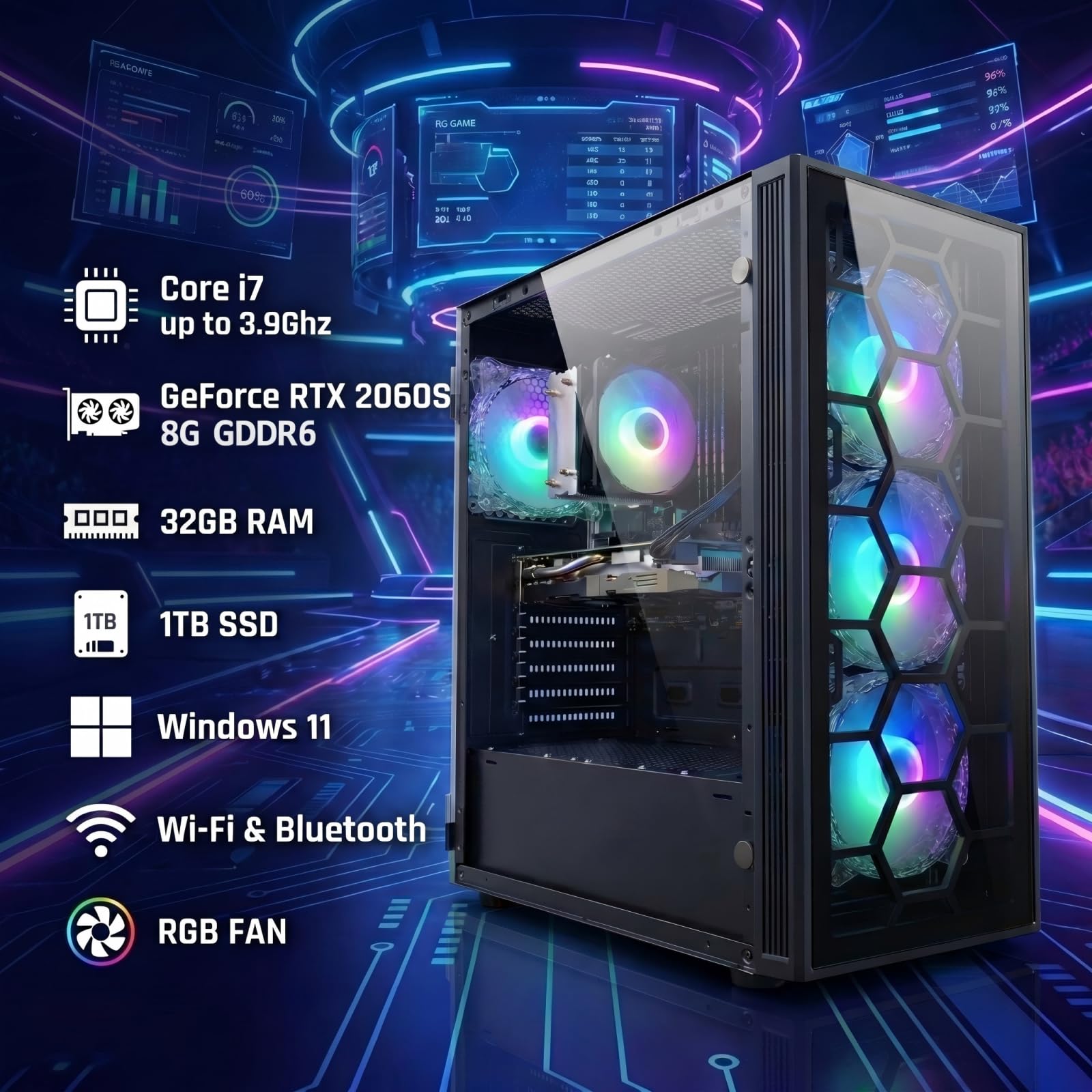 STGAubron Gaming PC Desktop Computer, Intel Core i7 up to 3.9GHz, Radeon RX 580 8G, 16G RAM, 512G SSD, WiFi 6, BT 5.0, RGB Fan x4, Windows 11 Home - Flex Gamingproduct_type