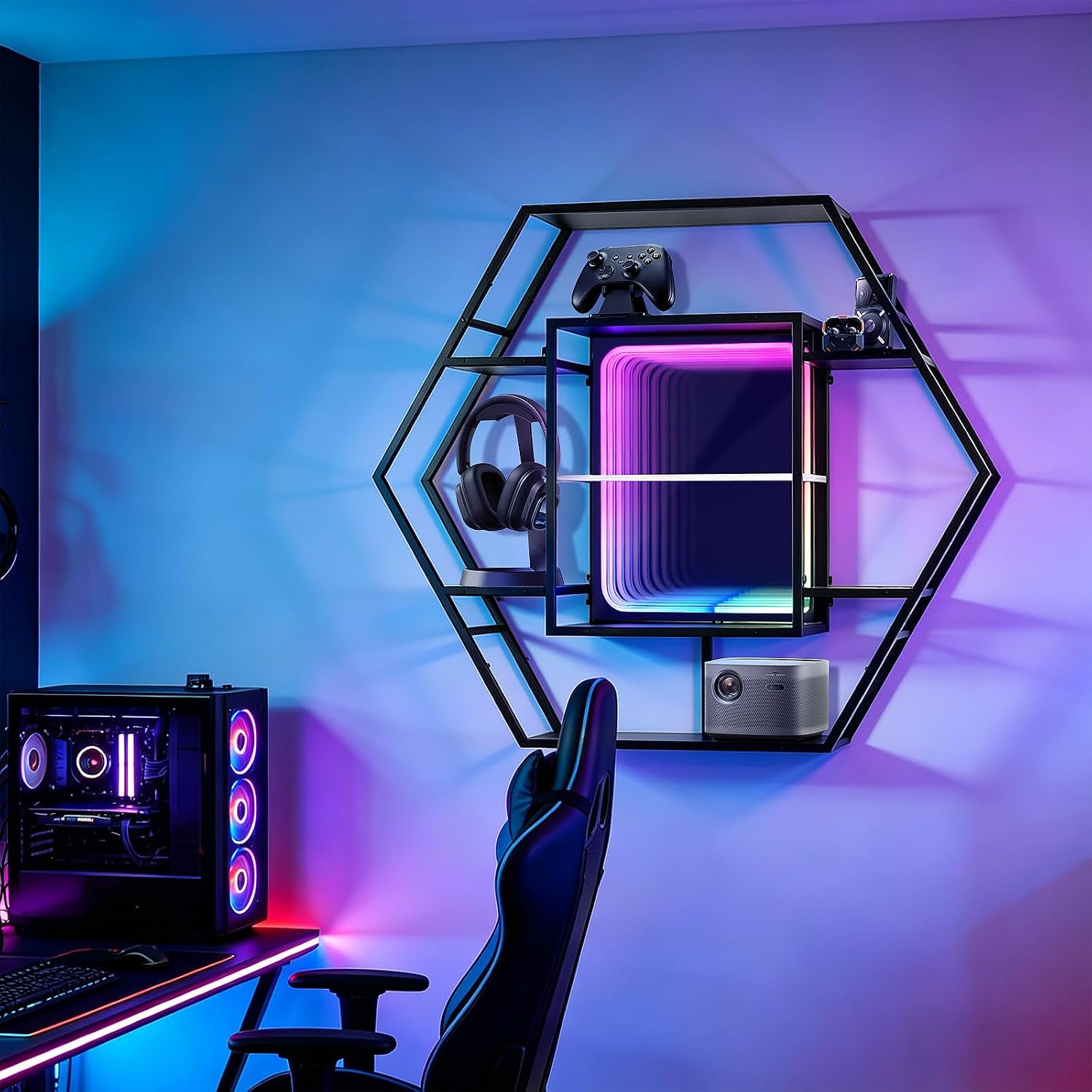 FUSLITE Infinity Mirror Gaming Floating Shelves with LED Lights, Hexagon Wall Mounted LED Shelf with RGB App Control, 36.6" Large Display Rack for Gaming Room Decor, Action Figures, Collectibles - Flex Gamingproduct_type