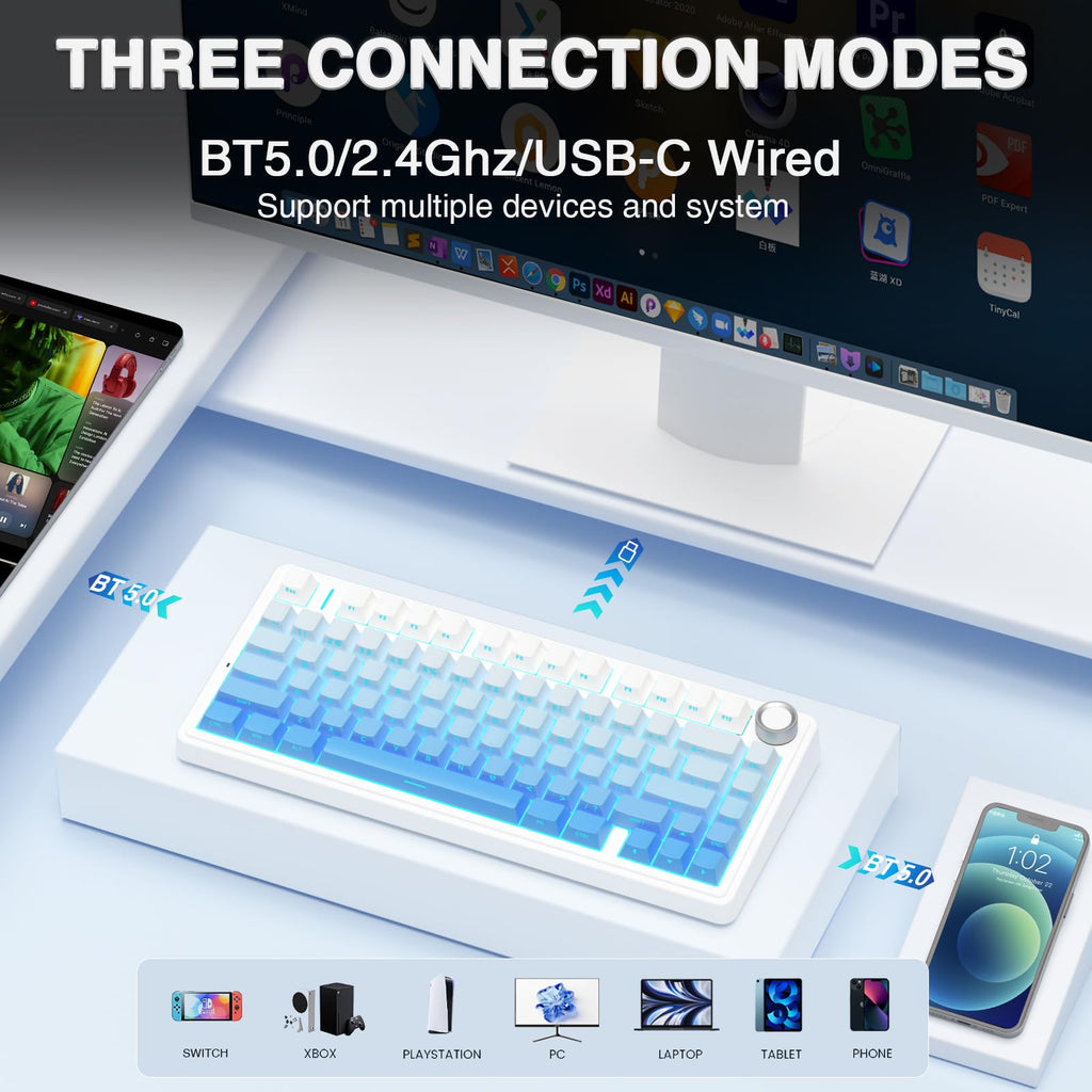 AULA F75 Pro Wireless Mechanical Keyboard,75% Hot Swappable Custom Keyboard with Knob,RGB Backlit,Pre-lubed Reaper Switches,Side Printed PBT Keycaps,2.4GHz/USB-C/BT5.0 Mechanical Gaming Keyboards - Flex Gamingproduct_type
