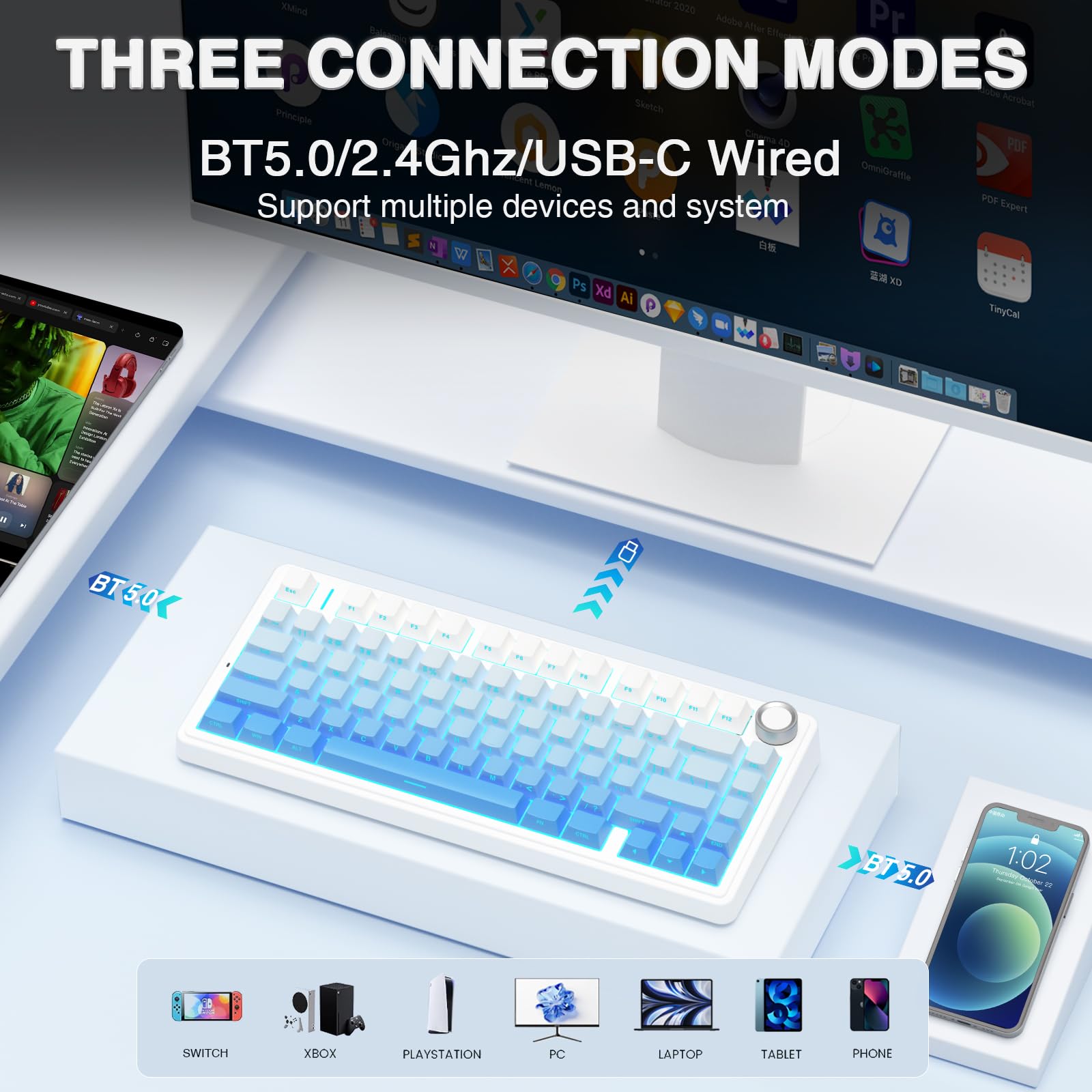 AULA F75 Pro Wireless Mechanical Keyboard,75% Hot Swappable Custom Keyboard with Knob,RGB Backlit,Pre-lubed Reaper Switches,Side Printed PBT Keycaps,2.4GHz/USB-C/BT5.0 Mechanical Gaming Keyboards - Flex Gamingproduct_type