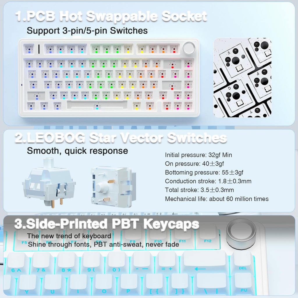 AULA F75 Pro Wireless Mechanical Keyboard,75% Hot Swappable Custom Keyboard with Knob,RGB Backlit,Pre-lubed Reaper Switches,Side Printed PBT Keycaps,2.4GHz/USB-C/BT5.0 Mechanical Gaming Keyboards - Flex Gamingproduct_type