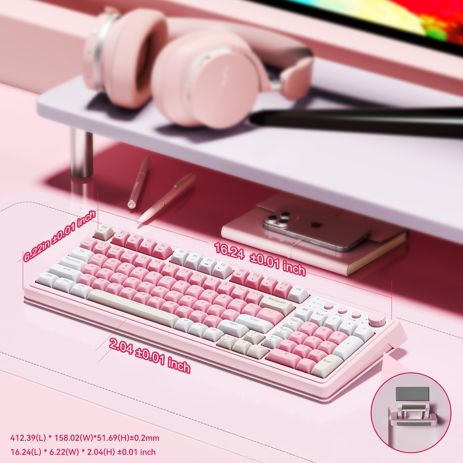 AULA 99 Key Keyboard, Wireless Gaming Keyboard Bluetooth Computer Keyboards Creamy Cute with Number Pad RGB Backlit Tri-Mode BT/2.4GHz/USB-C - Pink - Flex Gamingproduct_type