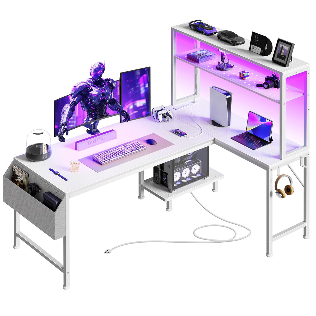 PRAISUN L Shaped Gaming Desk with LED Lights & Power Outlets, Reversible Computer Desk with Storage Shelves & Bag, Large Corner Home Office Desk with Pegboard for Work from Home, Black - Flex Gamingproduct_type