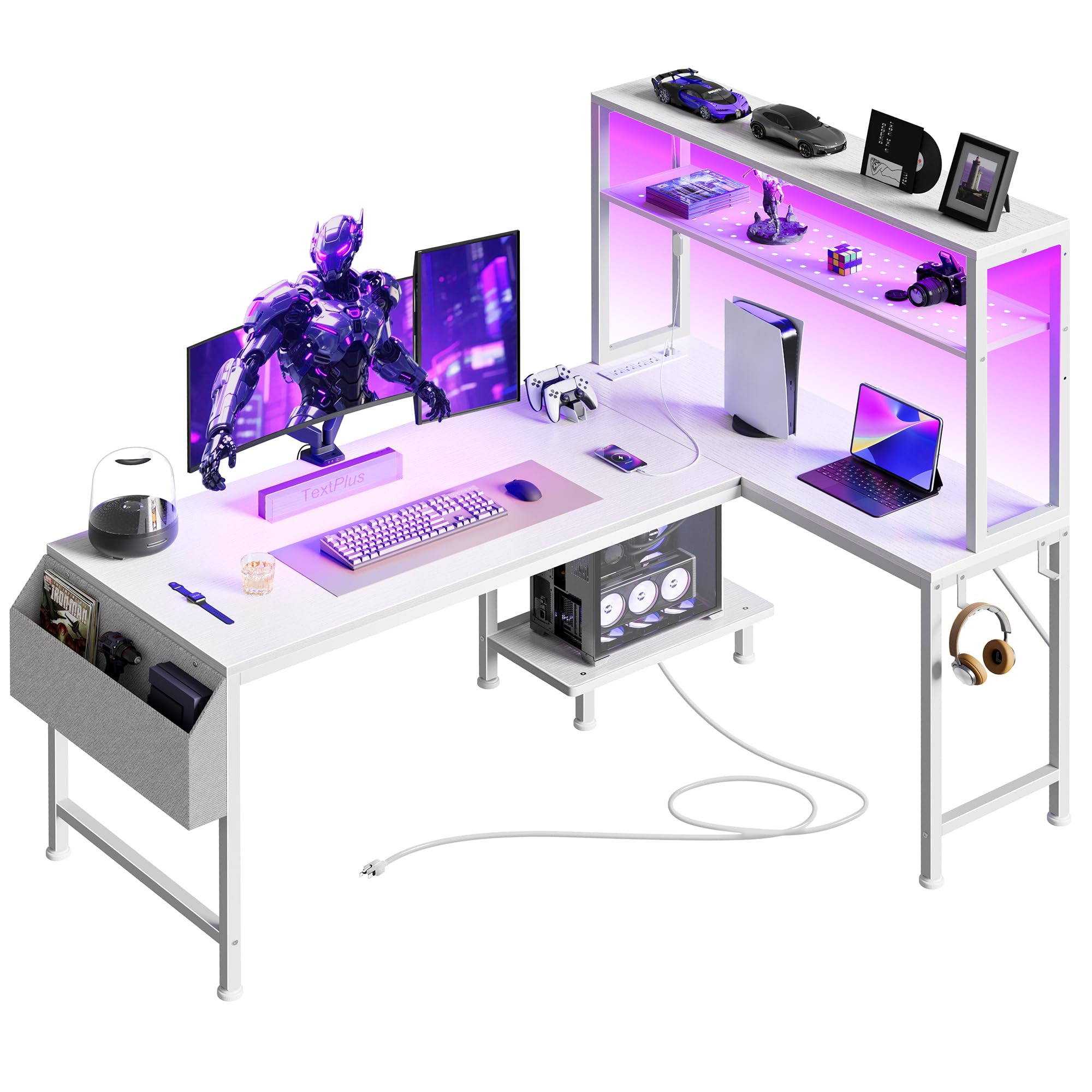 PRAISUN L Shaped Gaming Desk with LED Lights & Power Outlets, Reversible Computer Desk with Storage Shelves & Bag, Large Corner Home Office Desk with Pegboard for Work from Home, Black - Flex Gamingproduct_type