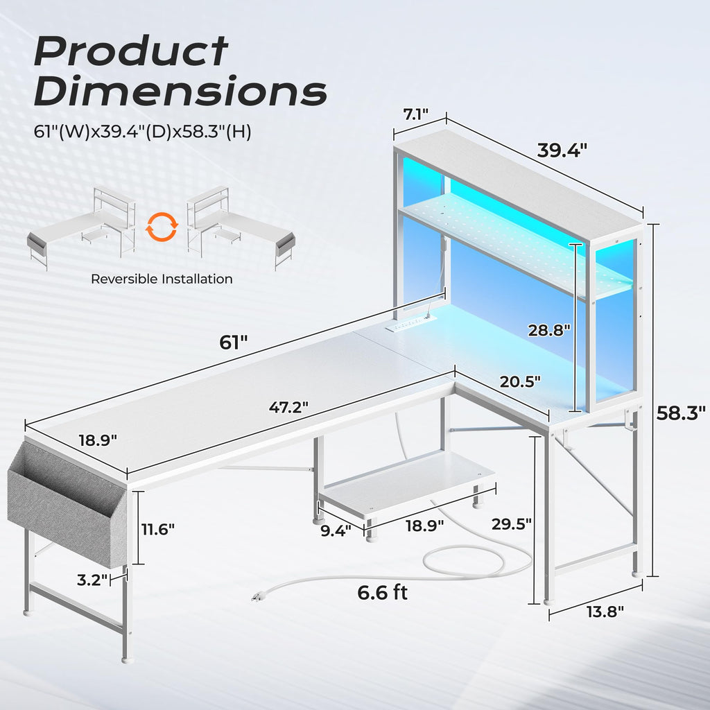 PRAISUN L Shaped Gaming Desk with LED Lights & Power Outlets, Reversible Computer Desk with Storage Shelves & Bag, Large Corner Home Office Desk with Pegboard for Work from Home, Black - Flex Gamingproduct_type