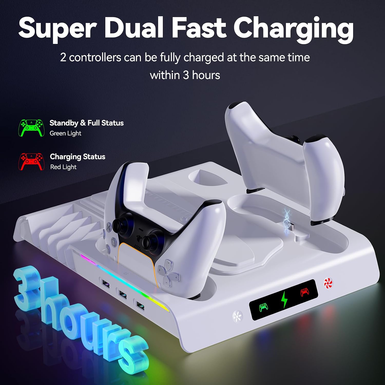 PS5 Controller Dual Charging Console Cooling Base, Cooling & Charging Station with RGB Lighting,Accessories with 3 Levels Cooling Fan, Headset Holder - Flex Gamingproduct_type