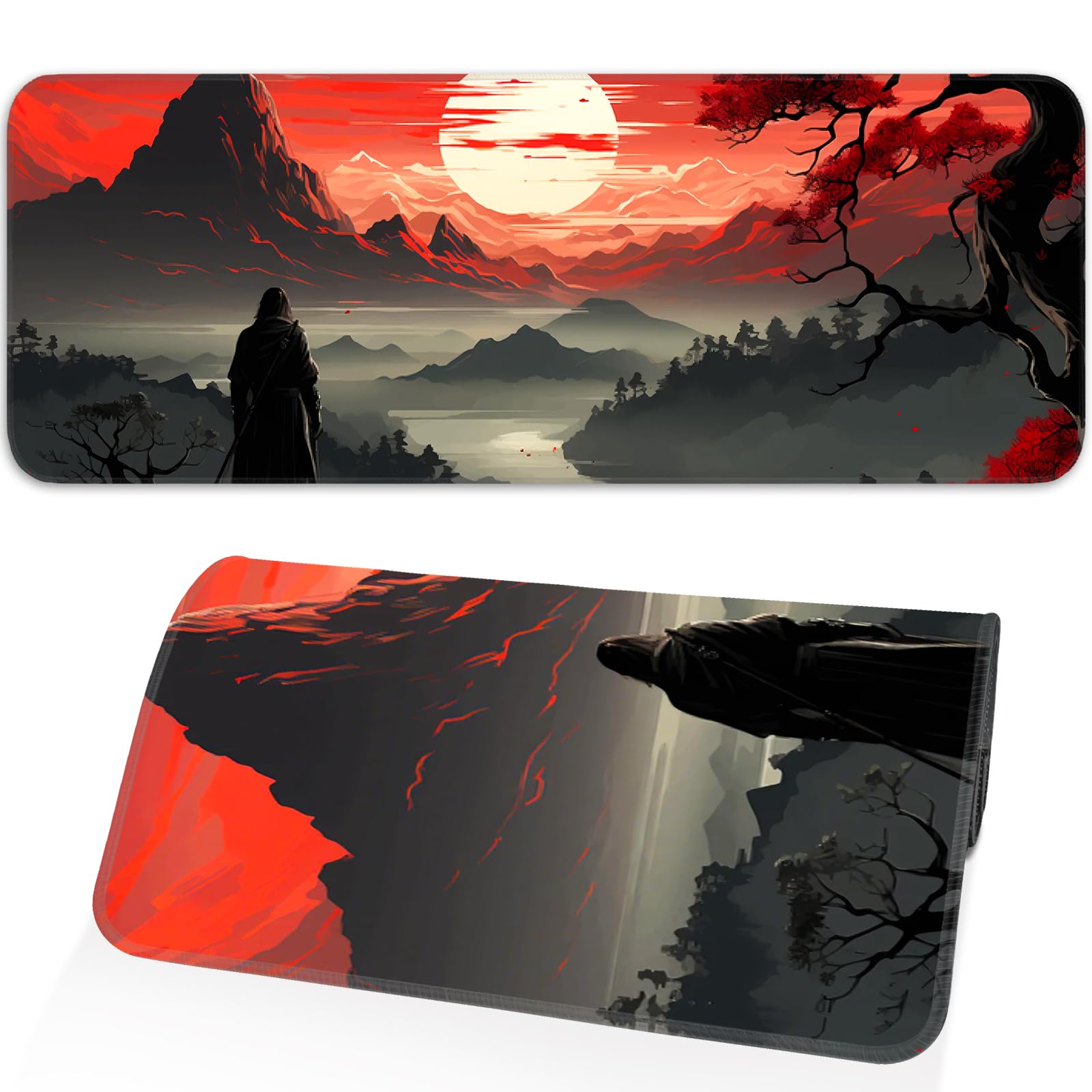 Japanese Dark Red Moon Gaming Mouse Pad, Extended Mouse Pad with Non-Slip Base, Full Keyboard Pad with Stitched Edges, Large Desk Pad for Gaming, Office, Home 31.5 x 11.8 Inch - Flex Gamingproduct_type