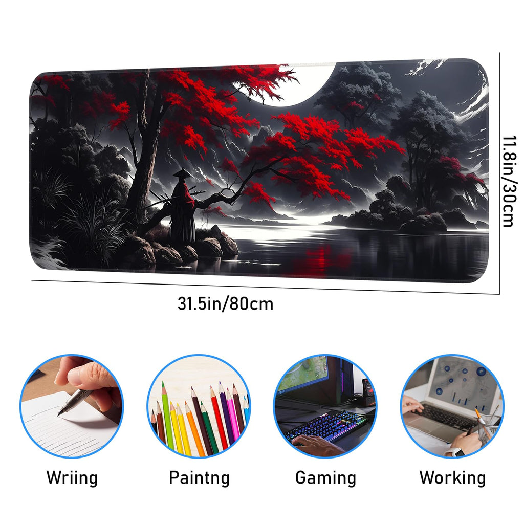 Japanese Dark Red Moon Gaming Mouse Pad, Extended Mouse Pad with Non-Slip Base, Full Keyboard Pad with Stitched Edges, Large Desk Pad for Gaming, Office, Home 31.5 x 11.8 Inch - Flex Gamingproduct_type